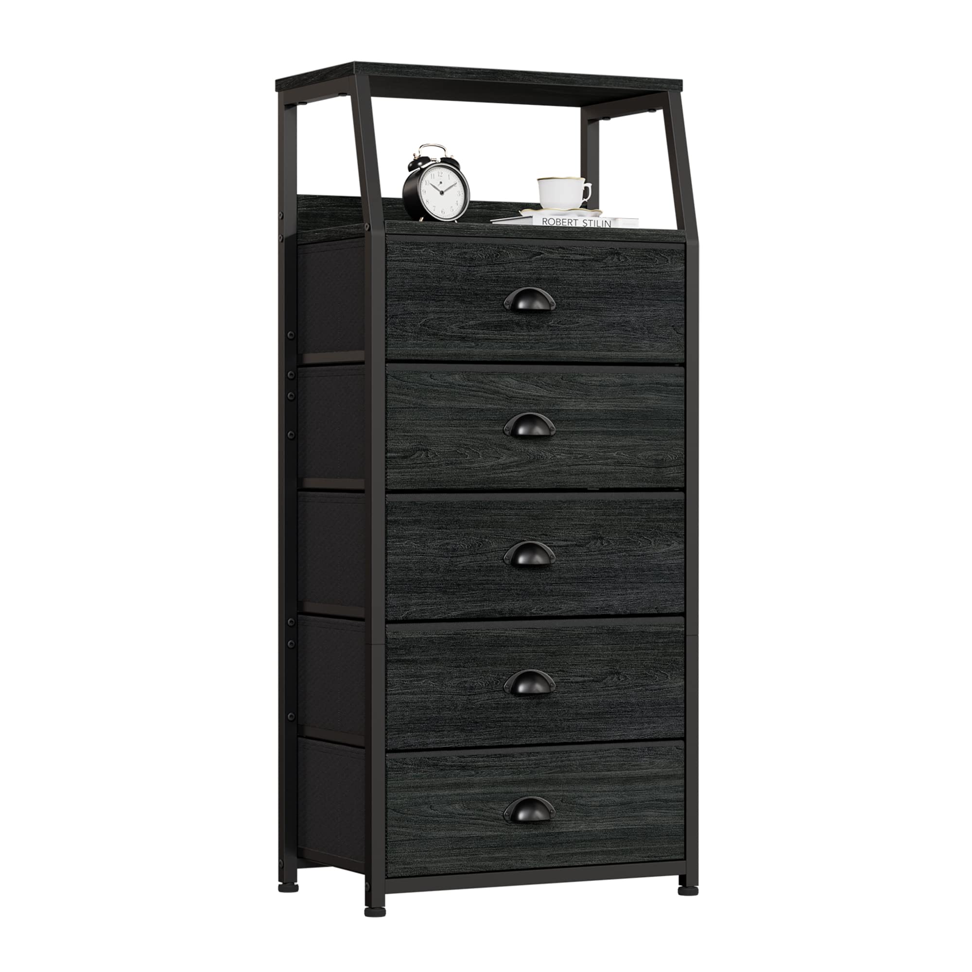Furnulem Black Dresser With 5 Drawers, Vertical Storage Tower Fabric Dresser For Bedroom, Hallway, Entryway, Nursery, Closet Organizer, Nightstand Bedside Table Furniture, Sturdy Steel Frame, Wood Top