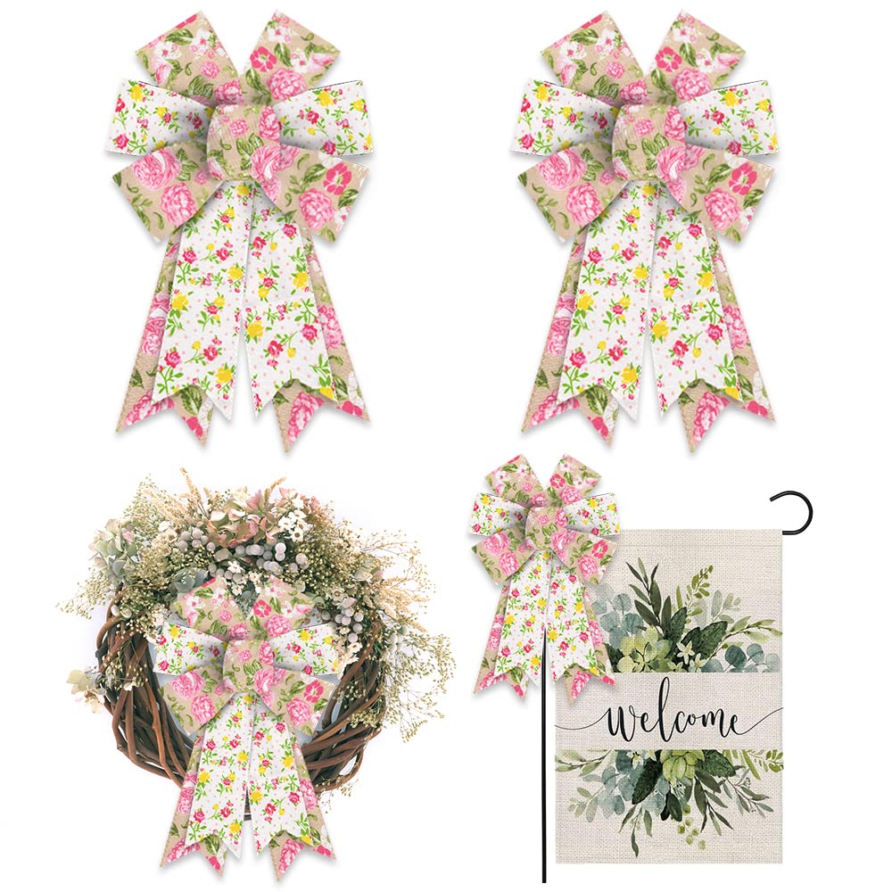 Hying 2PCS Spring Rose Bows for Wreath, Burlap Flower Wreath Bows for Spring Summer D  cor Village Countryside Pink Rose Bows fo