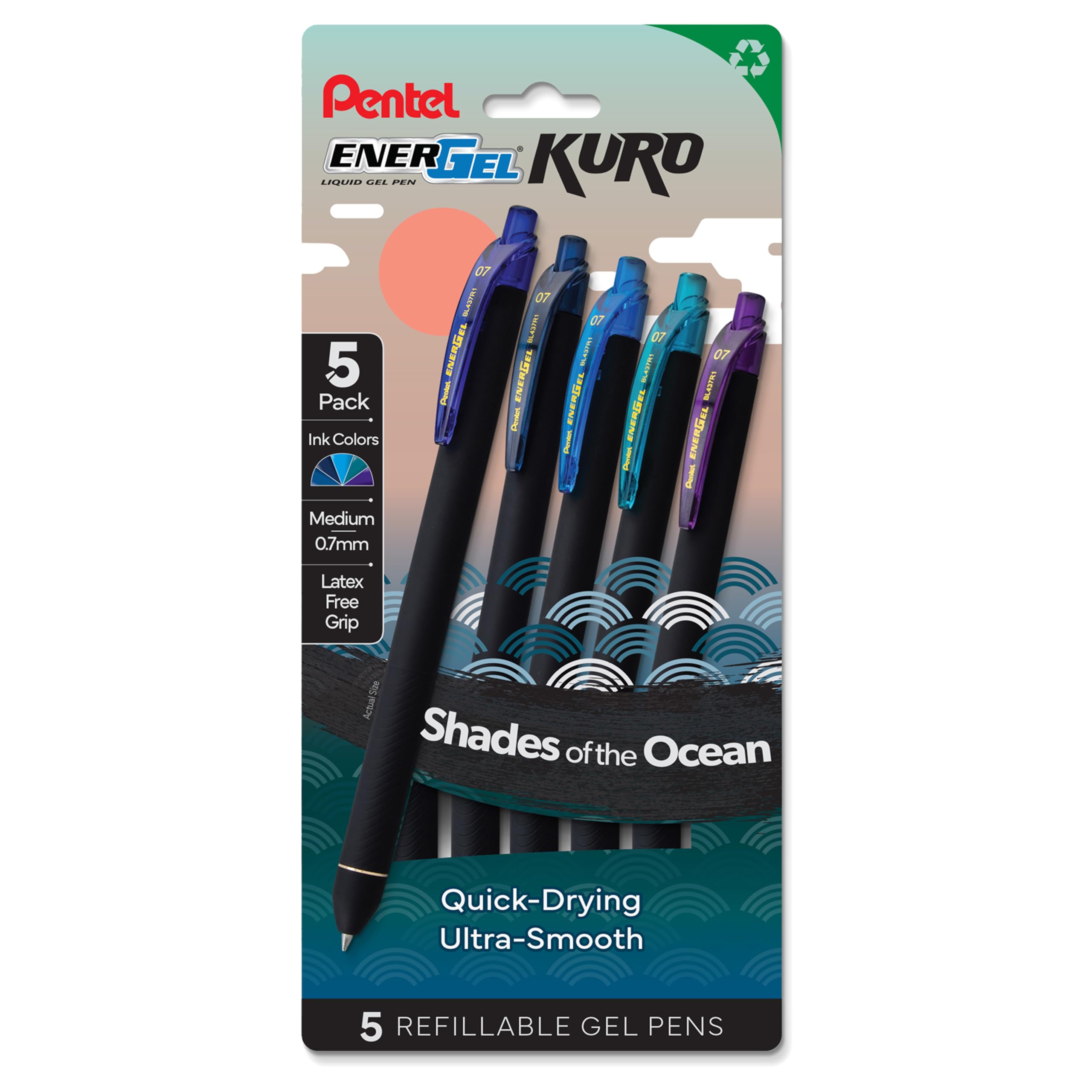 Pentel Energel Kuro Shades Of The Ocean, Retractable Liquid Gel Pen, Assorted Ink Colors, Pack Of 5 (Bl437Ocnpf5)