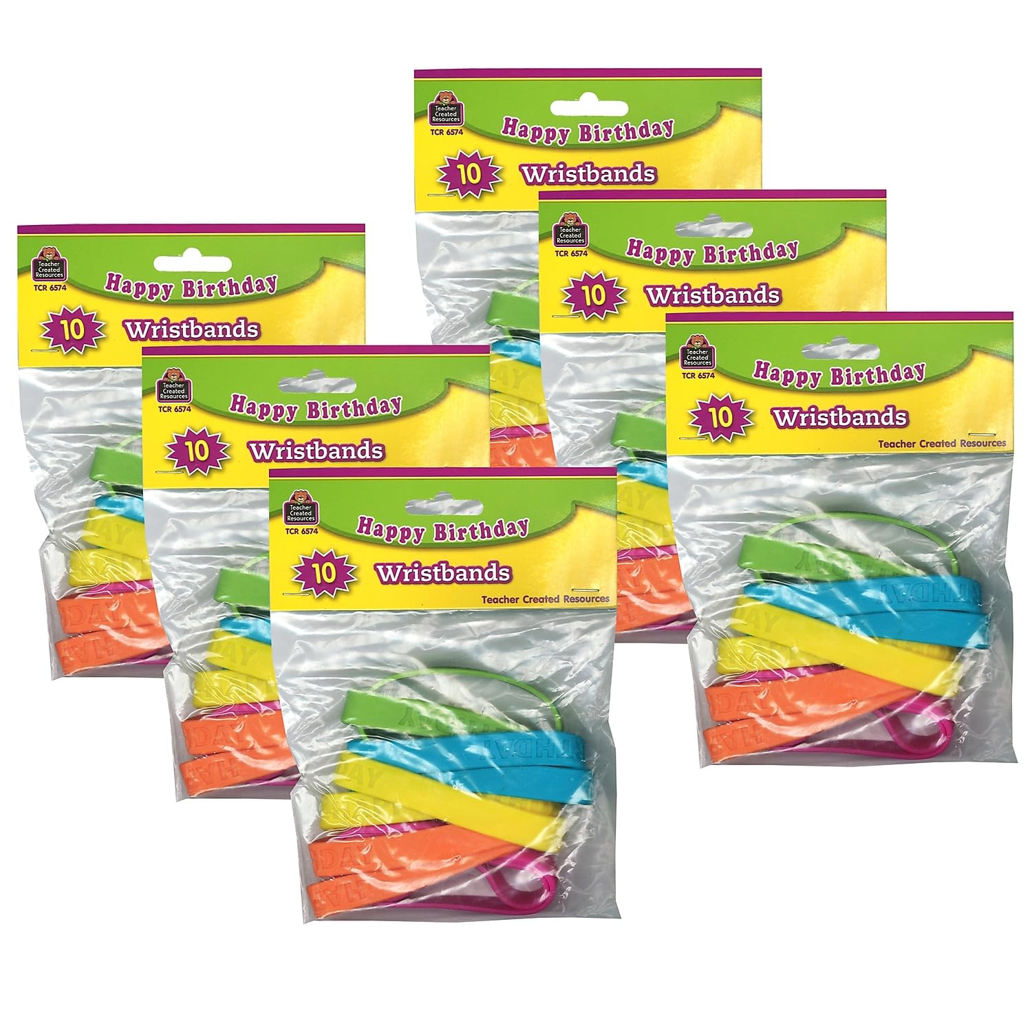 Teacher Created Resources Happy Birthday 2 Wristband Pack, Assorted Colors, 10 Per Pack, 6 Packs (Tcr6574-6)
