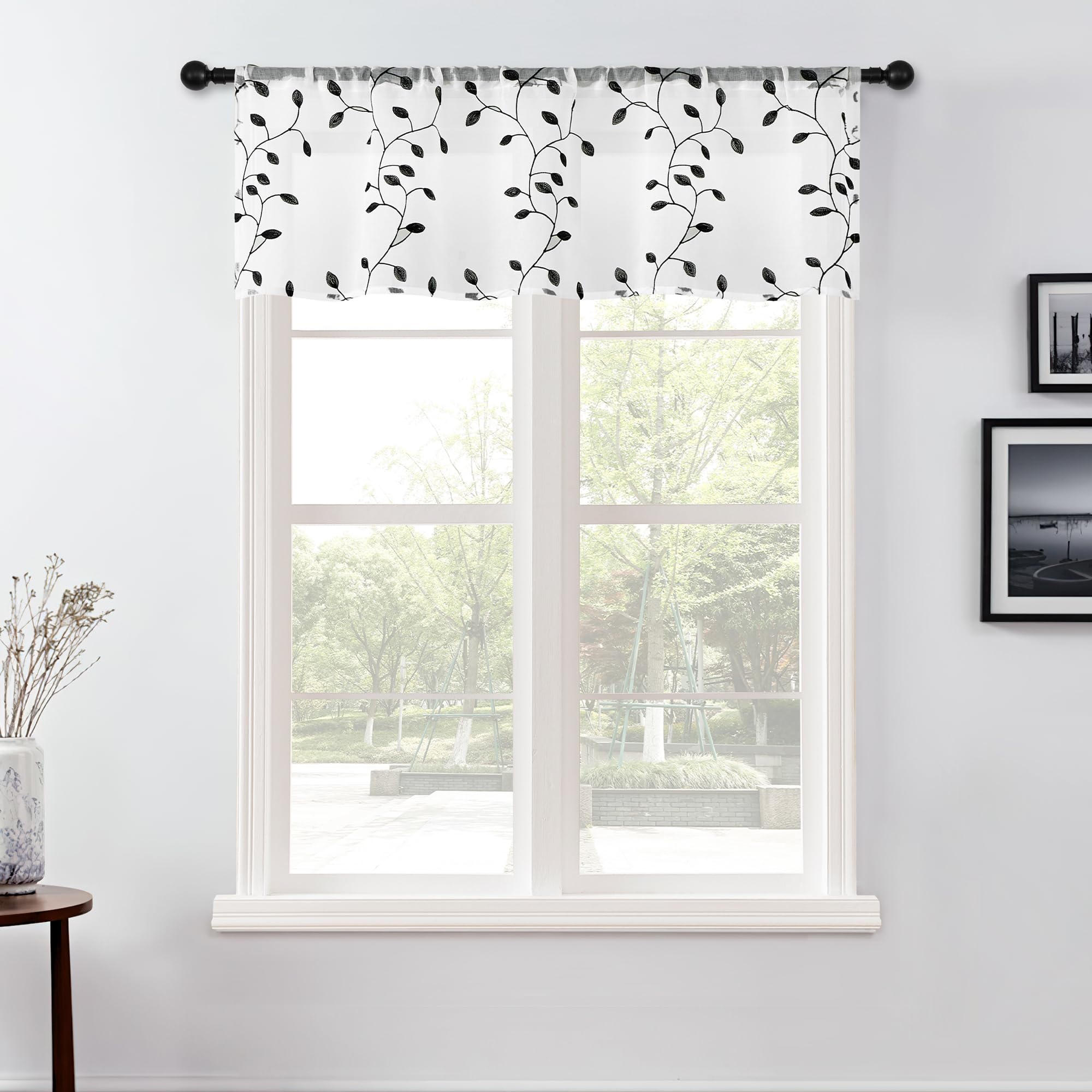 Mrtrees Sheer Curtain Valance Rod Pocket, Voile Leaves Embroidered Christmas Valance For Windows, Small Kitchen Curtain Topper V