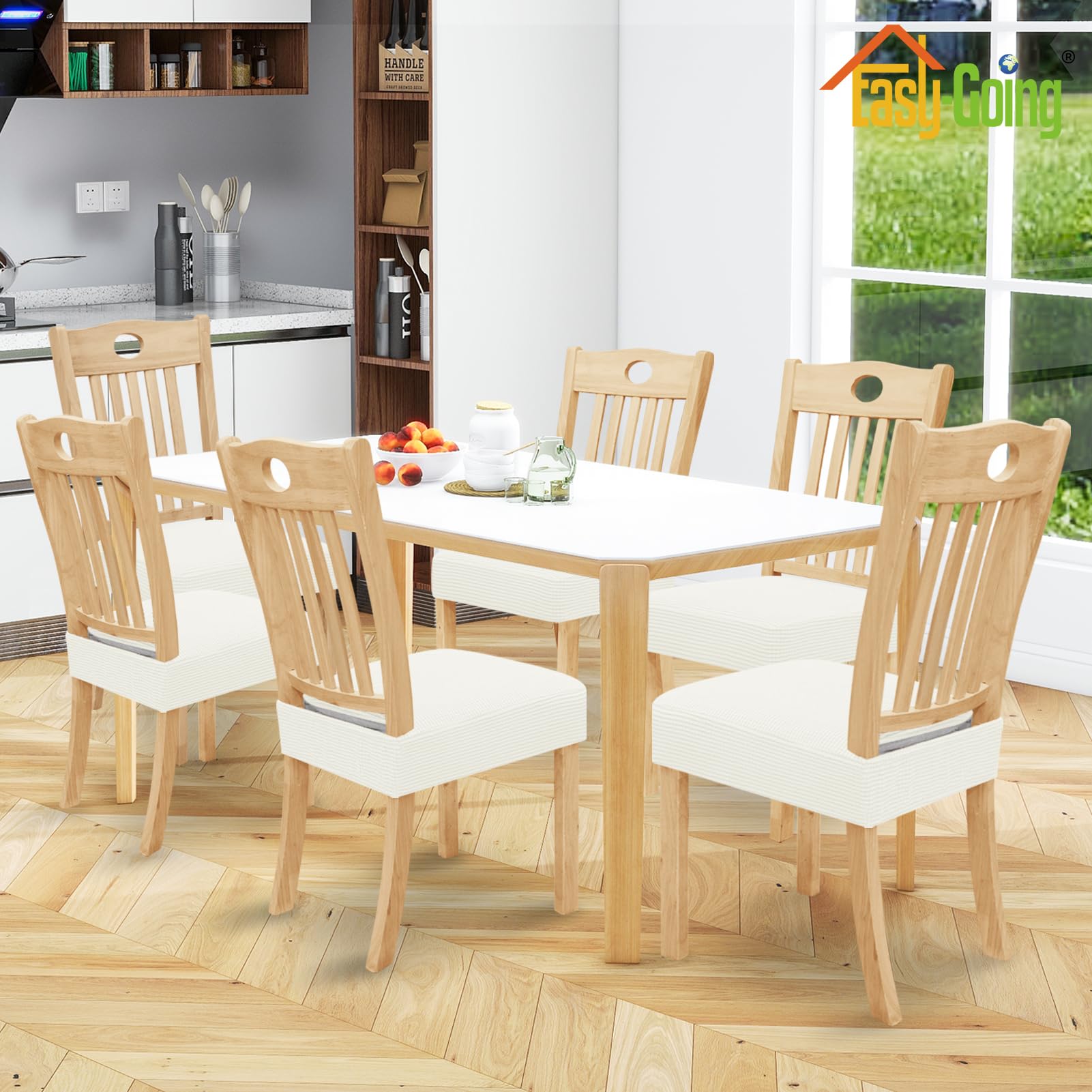 Easy-Going 100% Waterproof Seat Covers For Dining Room Chairs, Stretch Jacquard Chair Seat Slipcovers Removable And Washable Kitchen Dining Chair Covers (Set Of 6, Cream)