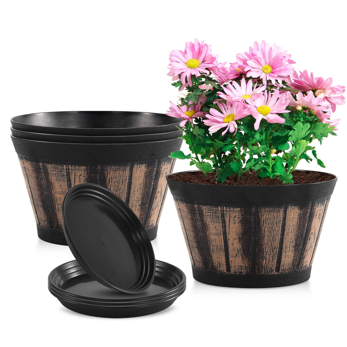 Plant Pots Set Of 4 Pack 8 Inch.Whiskey Barrel Planters With Drainage Holes & Saucer.Plastic Decoration Flower Pots Imitation Wi