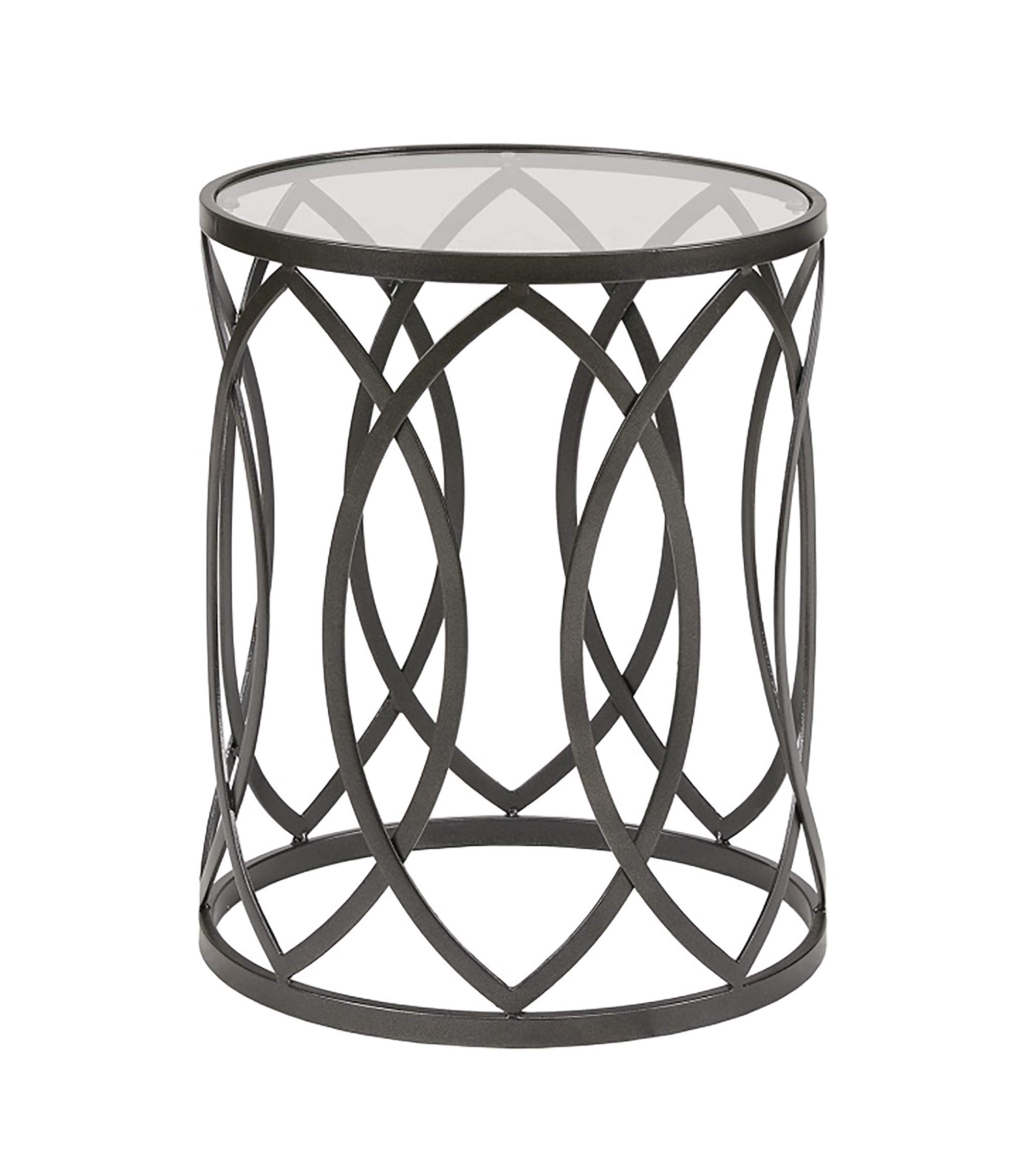Madison Park Arlo Accent Tables For Living Room, Glass Top Hollow Round, Small Metal Frame Geometric Eyelet Pattern Luxe Modern 