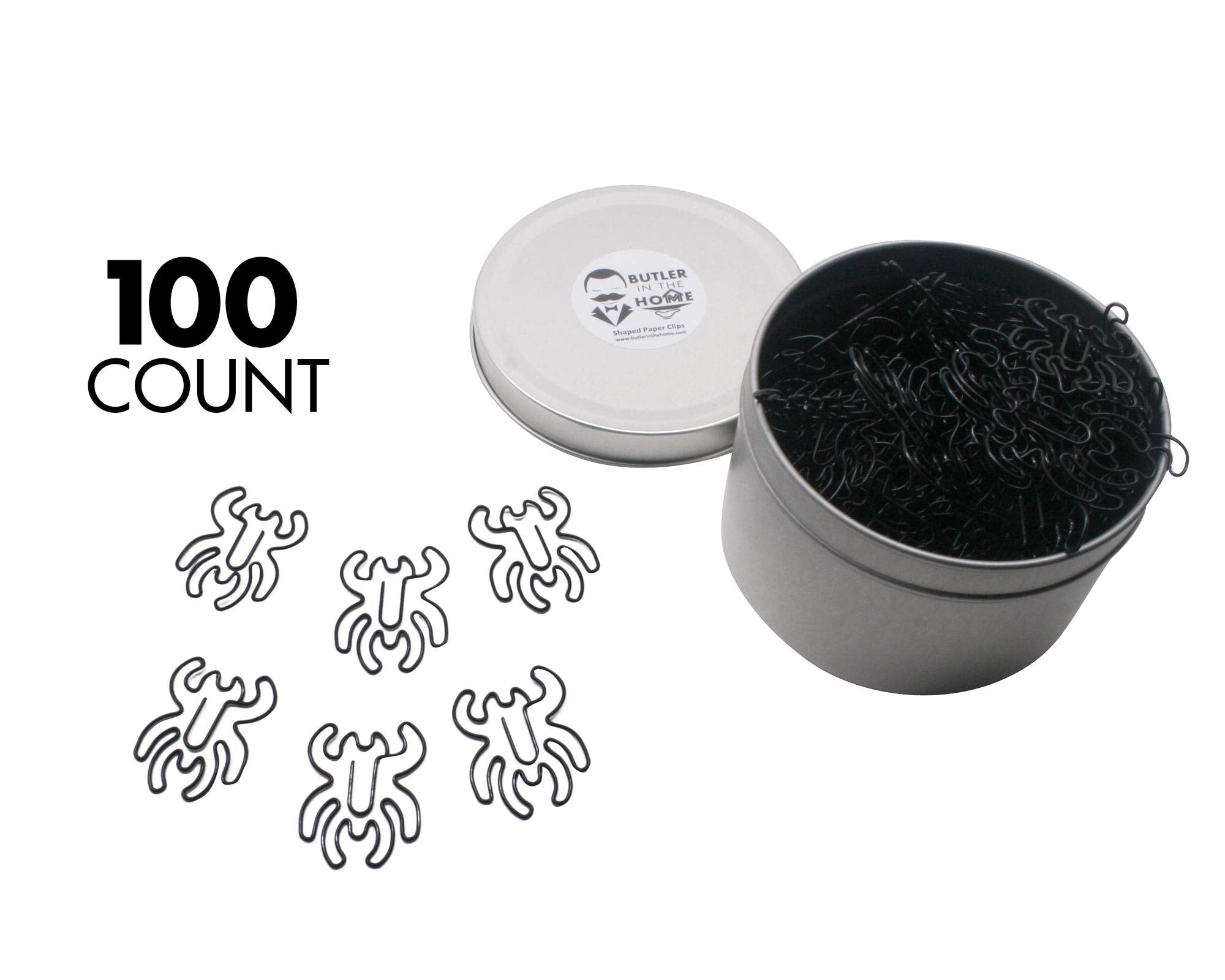 Butler In The Home 100 Count Spider Shaped Paper Clips Great For Paper Clip Collectors Or Office Gift - Comes In Round Tin With