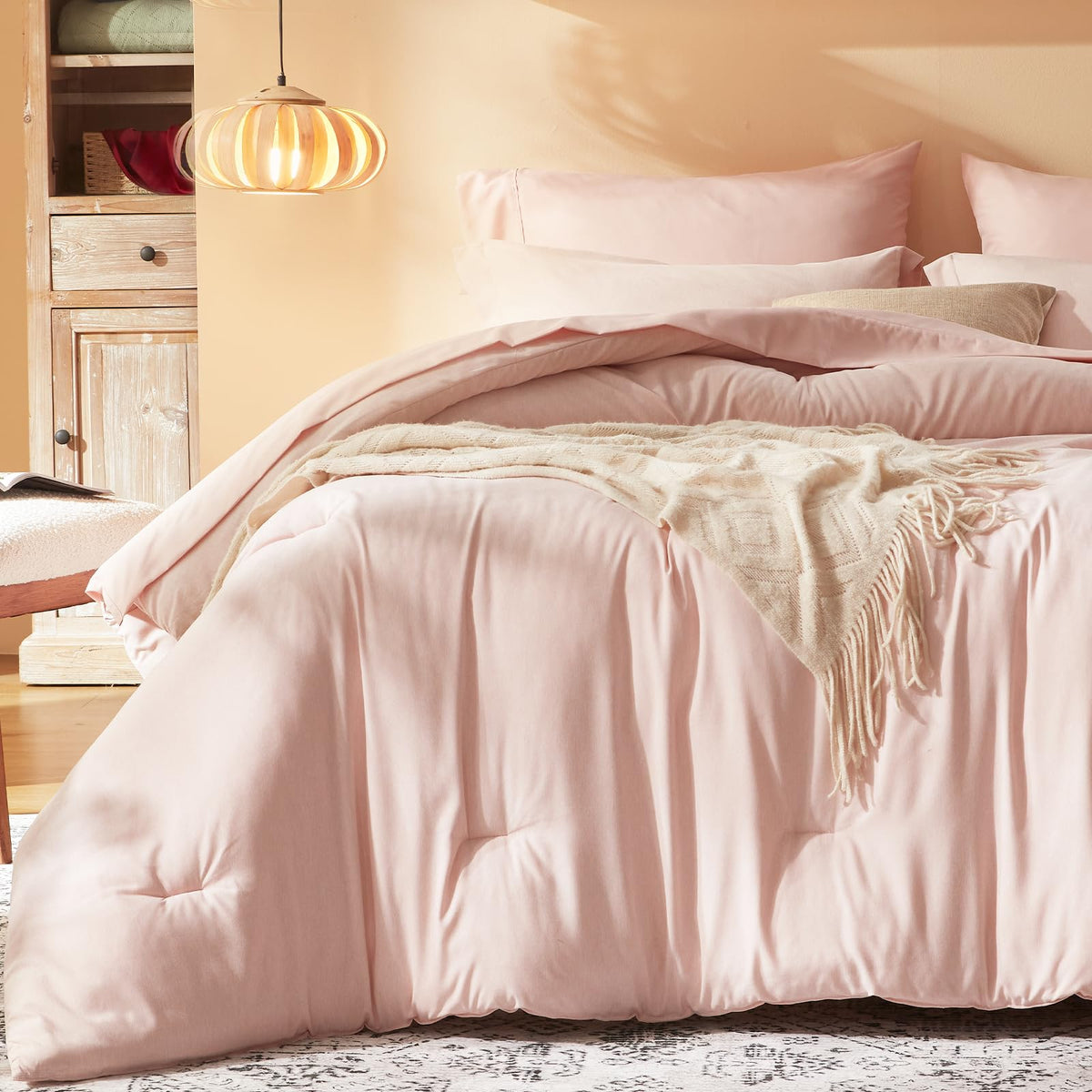 Unilibra King Comforter Set 7 Pieces Bed In A Bag - Light Pink King Soft Bedding Set For All Seasons - Cationic Dyeing Bed Comforter Sets With Comforter, Flat Sheet, Fitted Sheet, Pillowcases & Shams