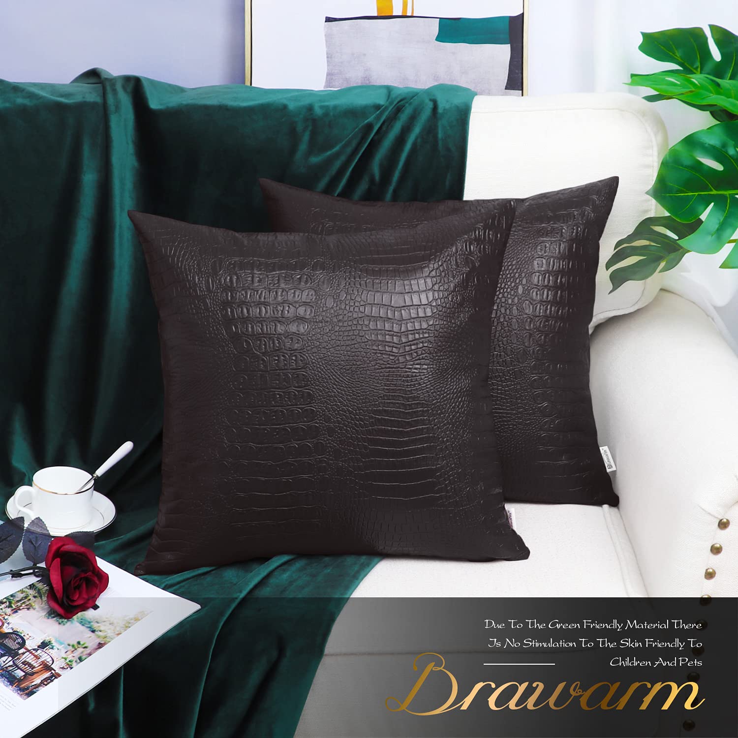Brawarm Faux Leather Pillow Covers 20 X 20 Inches, Brown Leather Pillow Covers Pack Of 2, Crocodile Leather Decorative Throw Pil