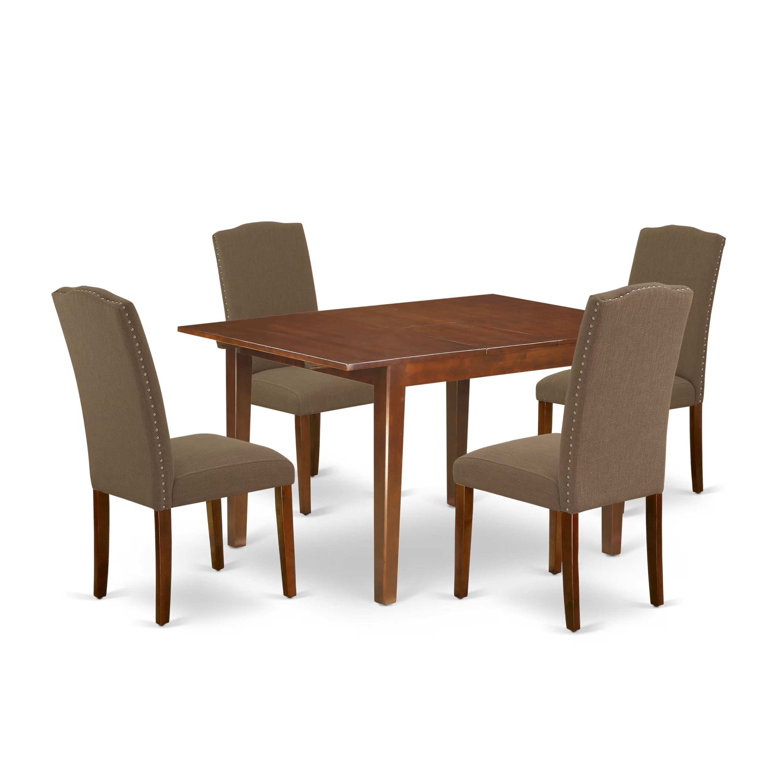 East West Furniture Noen5-Mah-18 5 Piece Modern Dining Table Set Includes A Rectangle Wooden Table With Butterfly Leaf And 4 Dark Coffee Linen Fabric Parson Chairs, 32X54 Inch, Mahogany