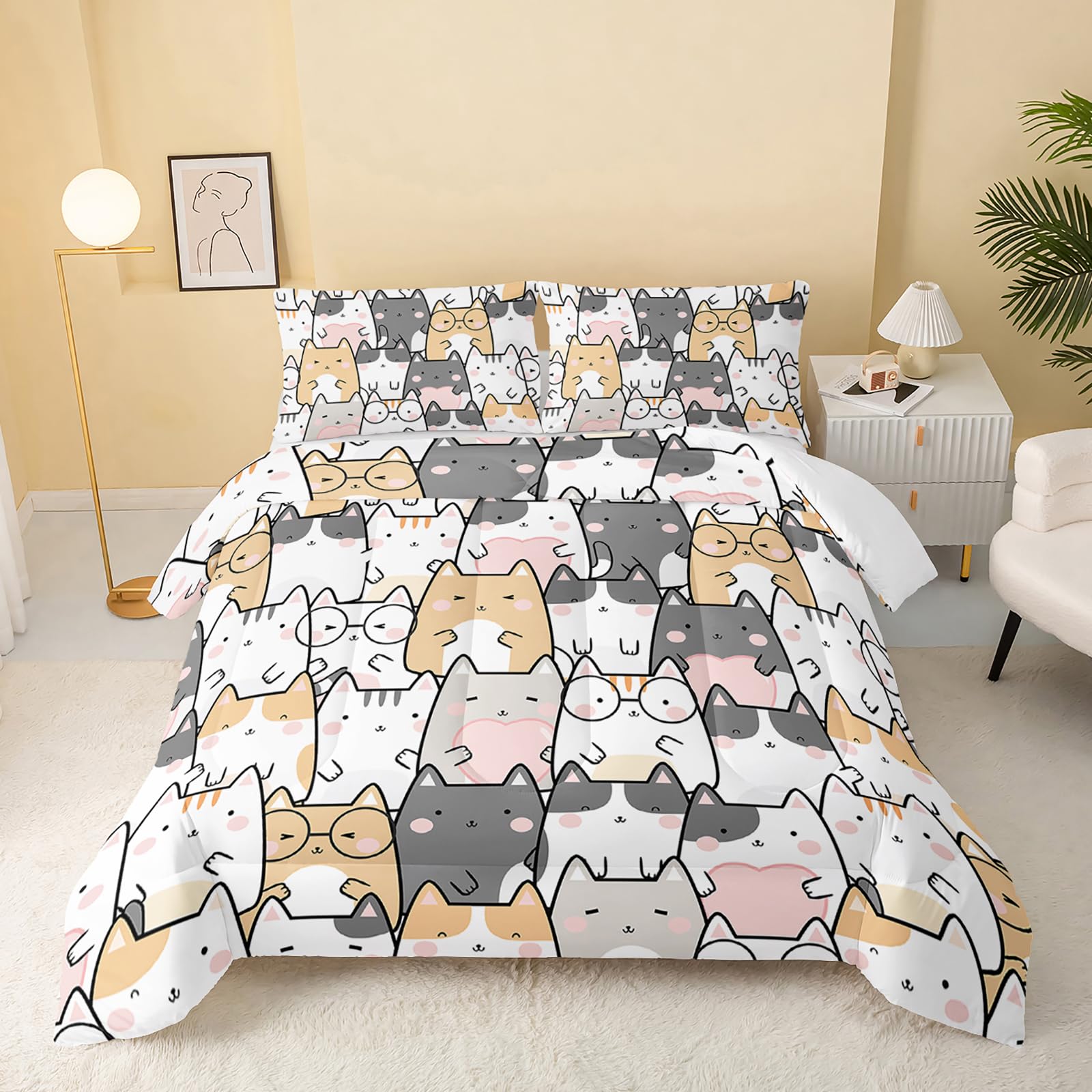 Qoomo Kawaii Cat Comforter Queen Size,Cats Comforter Set For Kids Teens Girls Boys,3Pcs Bedding Set Printed Comforter With 2 Pil
