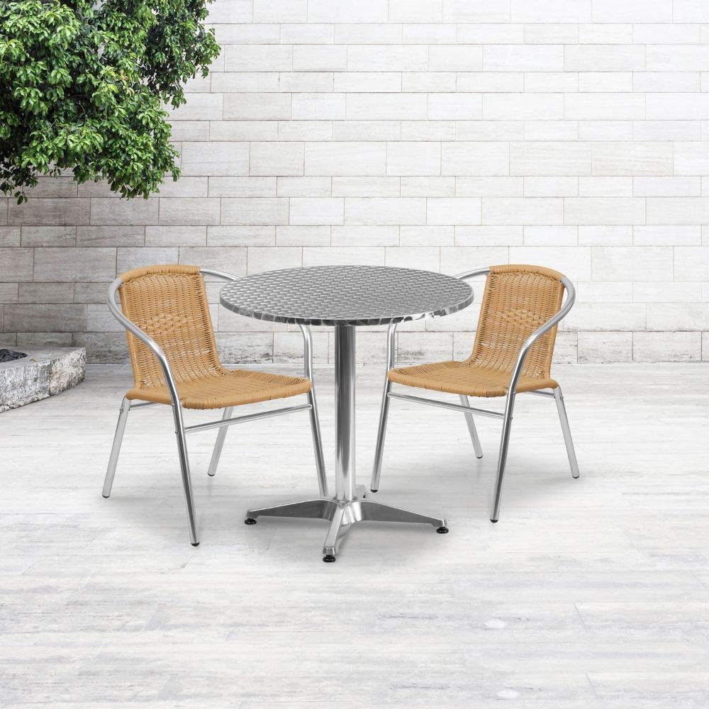 Flash Furniture 27.5'' Round Aluminum Indoor-Outdoor Table Set With 2 Beige Rattan Chairs