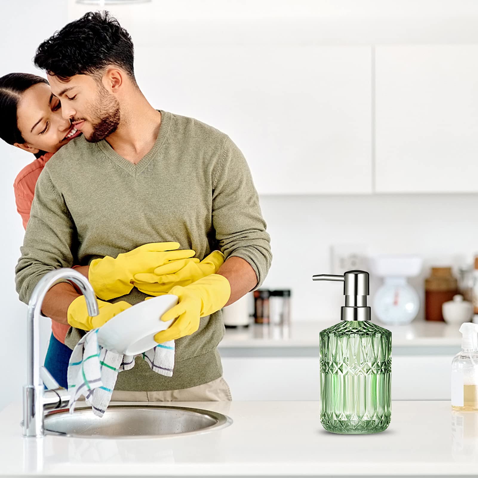 Tisuzxcv Diamond Design 12 Oz Green Glass Soap Dispenser,Refillable Lotion Soap Dispenser For Bathroom, Kitchen, Hand Soap, Dish