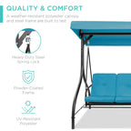 Best Choice Products 3-Seat Outdoor Large Converting Canopy Swing Glider, Patio Hammock Lounge Chair For Porch, Backyard W/Flatbed, Adjustable Shade, Removable Cushions - Sky Blue