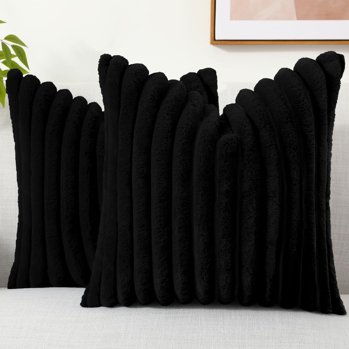 Decoruhome Faux Fur Throw Pillow Covers 16X16 Set Of 2, Decorative Soft Plush Striped Couch Pillow Covers With Velvet Back For S
