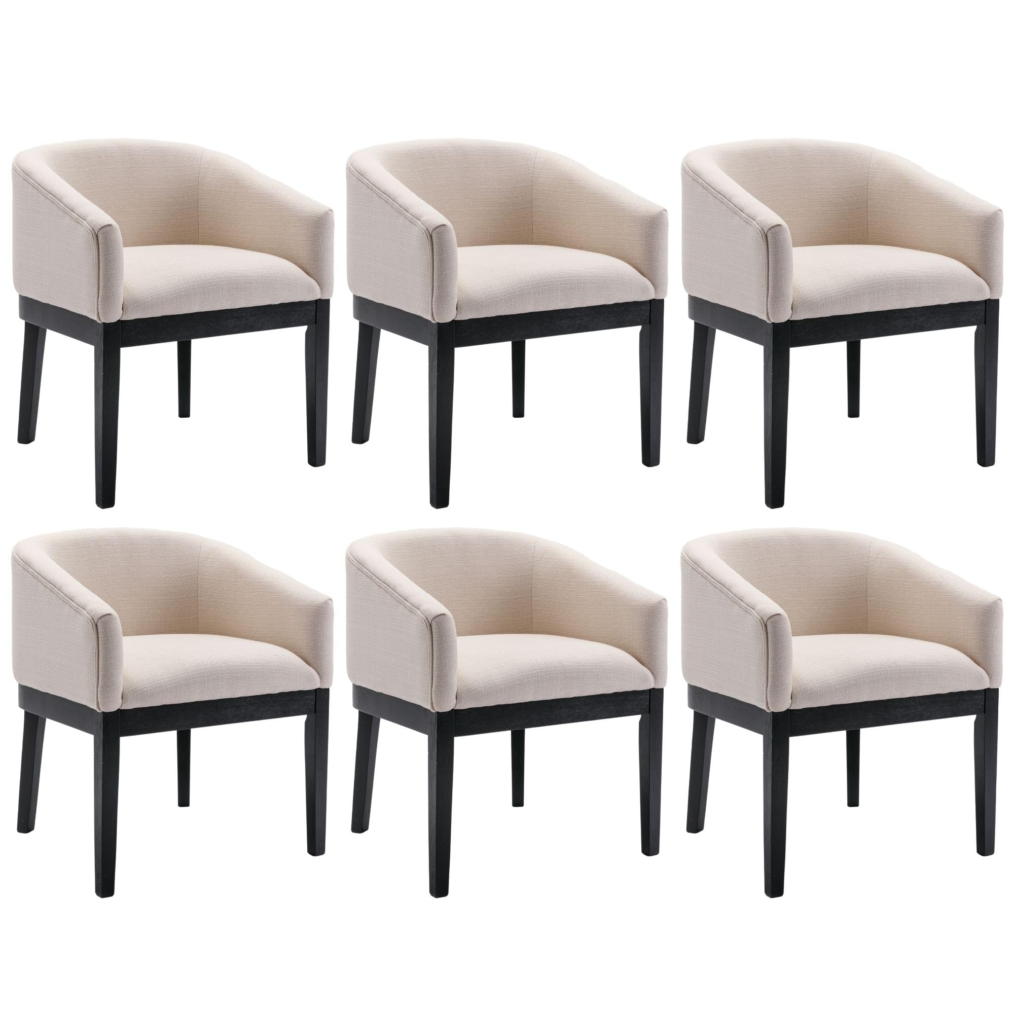 Washon Upholstered Dining Chairs With Arms Set Of 6, Farmhouse Linen Fabric Dining Room Chairs With Black Wood Legs, Mid Century