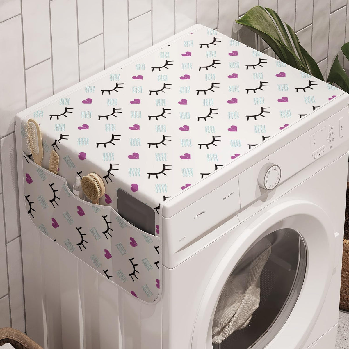 Ambesonne Eyelash Washing Machine Organizer Pack Of 2, Winking Eyes And Pink Hearts Romantic Pattern Cartoon, Anti-Slip Cover Fo