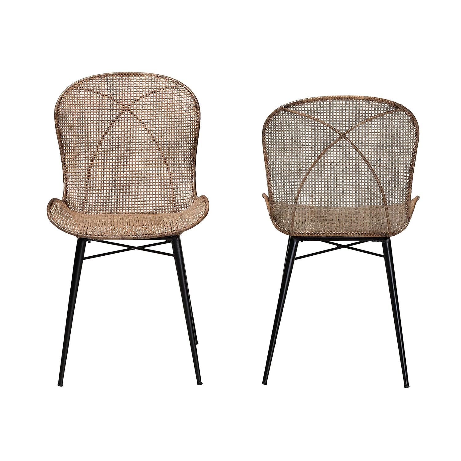 Baxton Studio Bali & pari Sabelle Japandi Greywashed Rattan and Black Metal 2-Piece Dining Chair Set