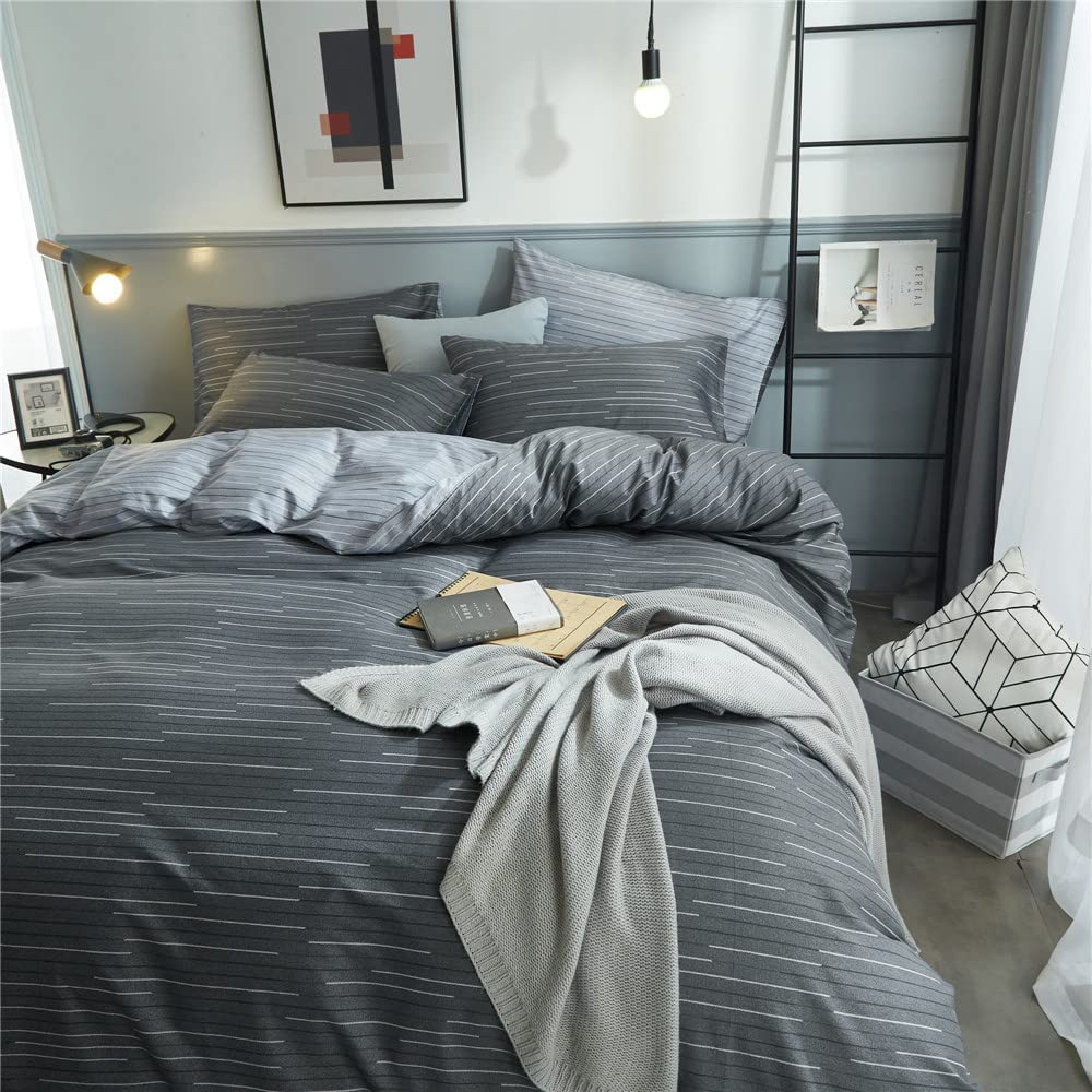 Grey Stripe Duvet Cover Queen Cotton Bedding Sets Geometric Stripe Comforter Cover Modern Style Masculine Bedding Sets For Men B
