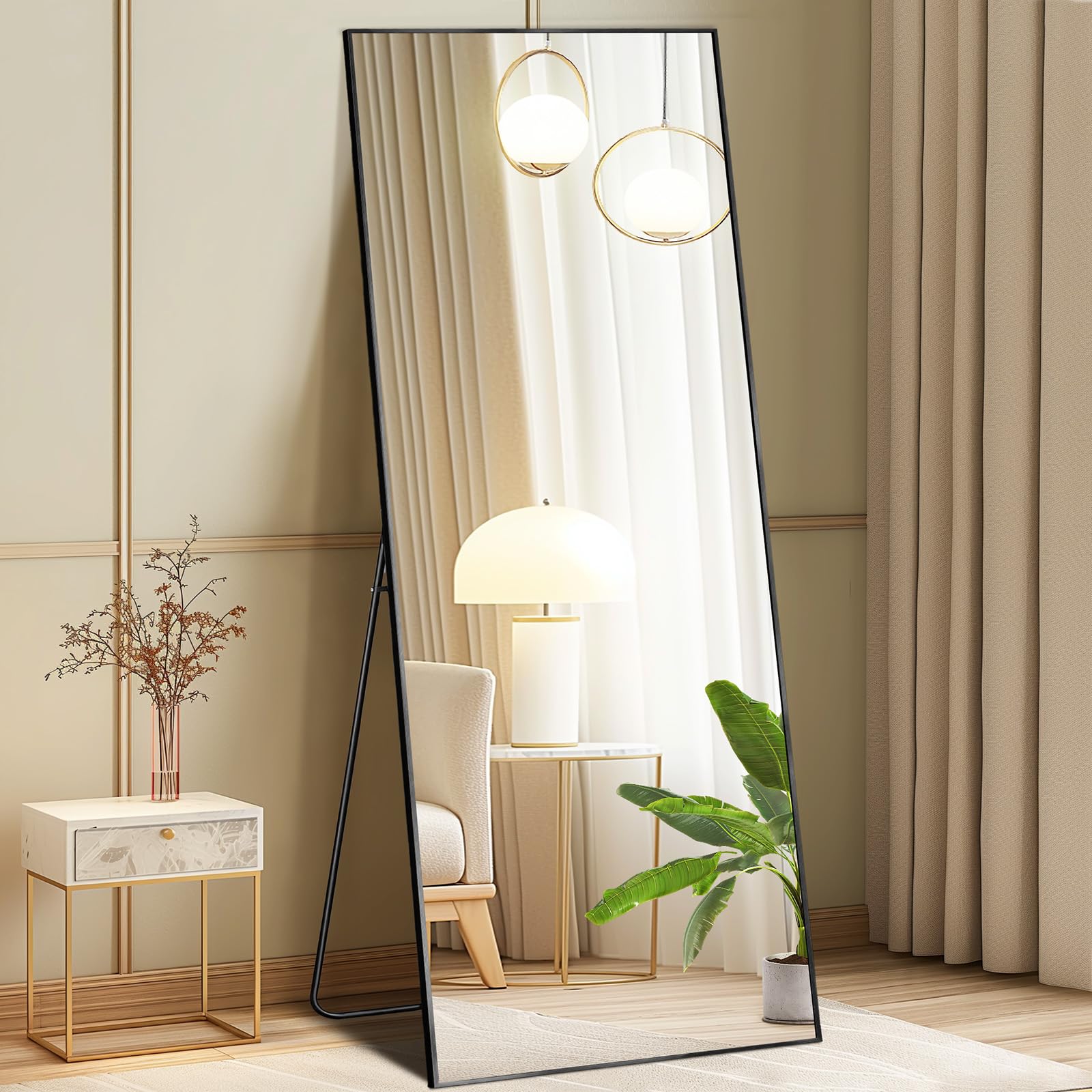 DUMOS Full Length Mirror with Stand, 58x19 Floor Mirror with Aluminum Alloy Frame for Bedroom, Standing Full Body Mirror with Sh