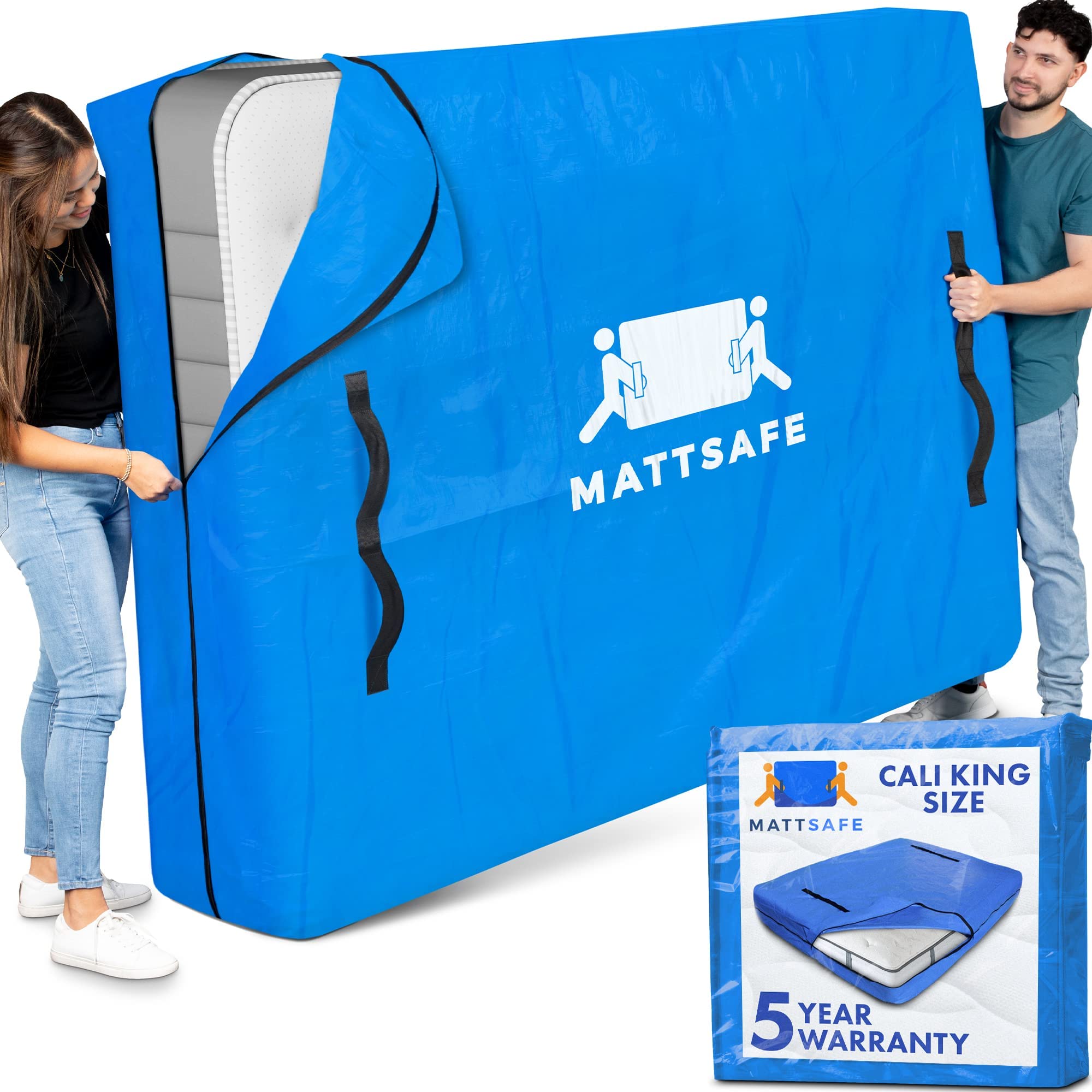 Mattsafe Mattress Bags For Moving And Storage (Cali King Size) - Mattress Cover For Moving - Heavy Duty, 8 Handles And Strong Zi
