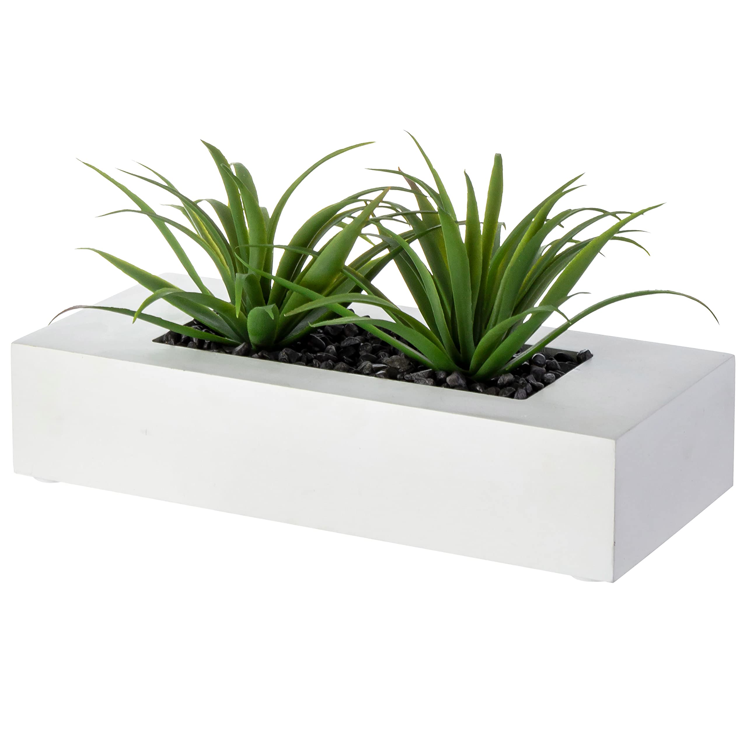 MyGift 10 Inch Artificial Green Grass Plants in White Wood Decorative Planter Pot - Faux Greenery in Rectangular Wooden Containe