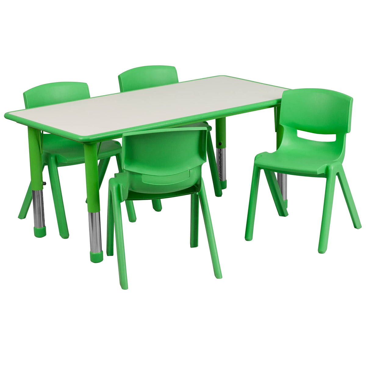 Flash Furniture Emmy 23.625''W x 47.25''L Rectangular Green Plastic Height Adjustable Activity Table Set with 4 Chairs