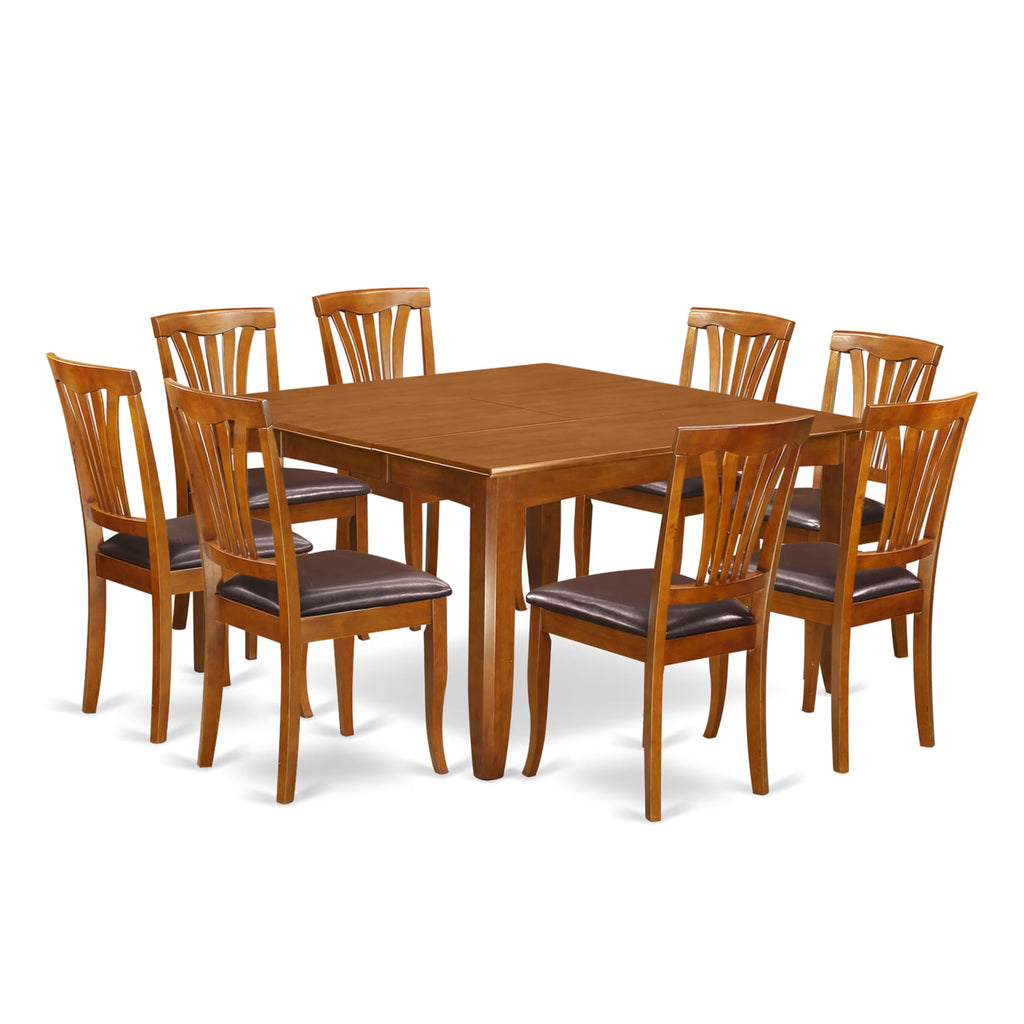 East West Furniture PFAV9-SBR-LC 9 Piece Dining Table Set Includes a Square Wooden Table with Butterfly Leaf and 8 Faux Leather Dining Room Chairs, 54x54 Inch, Saddle Brown