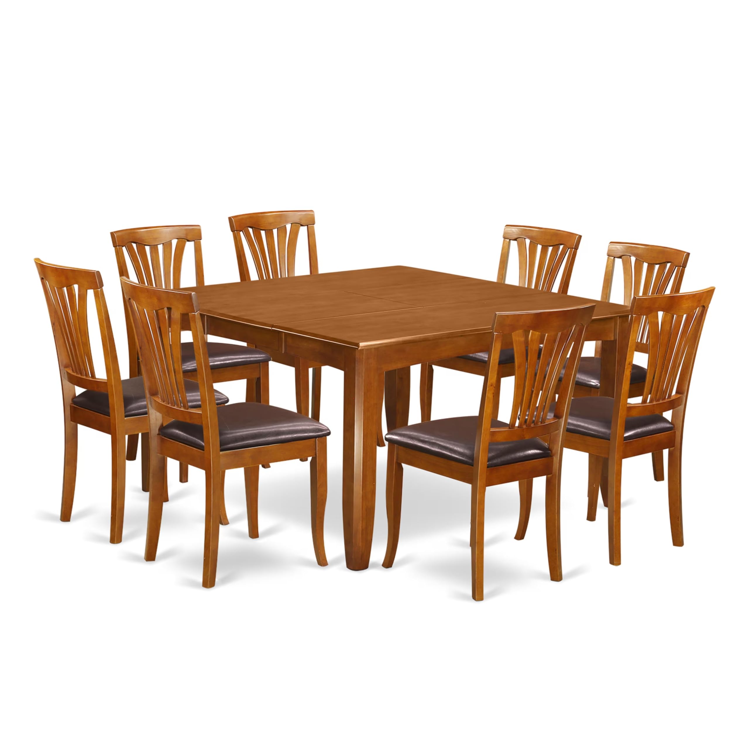 East West Furniture PFAV9-SBR-LC 9 Piece Dining Table Set Includes a Square Wooden Table with Butterfly Leaf and 8 Faux Leather Dining Room Chairs, 54x54 Inch, Saddle Brown