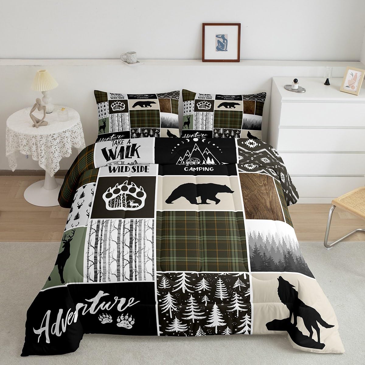 Camper Adventure Kids Comforter Set Twin Size,Deer Antlers Bear Paws Rustic Farmhouse Bedding Set For Boys Girls Adults Room Dec