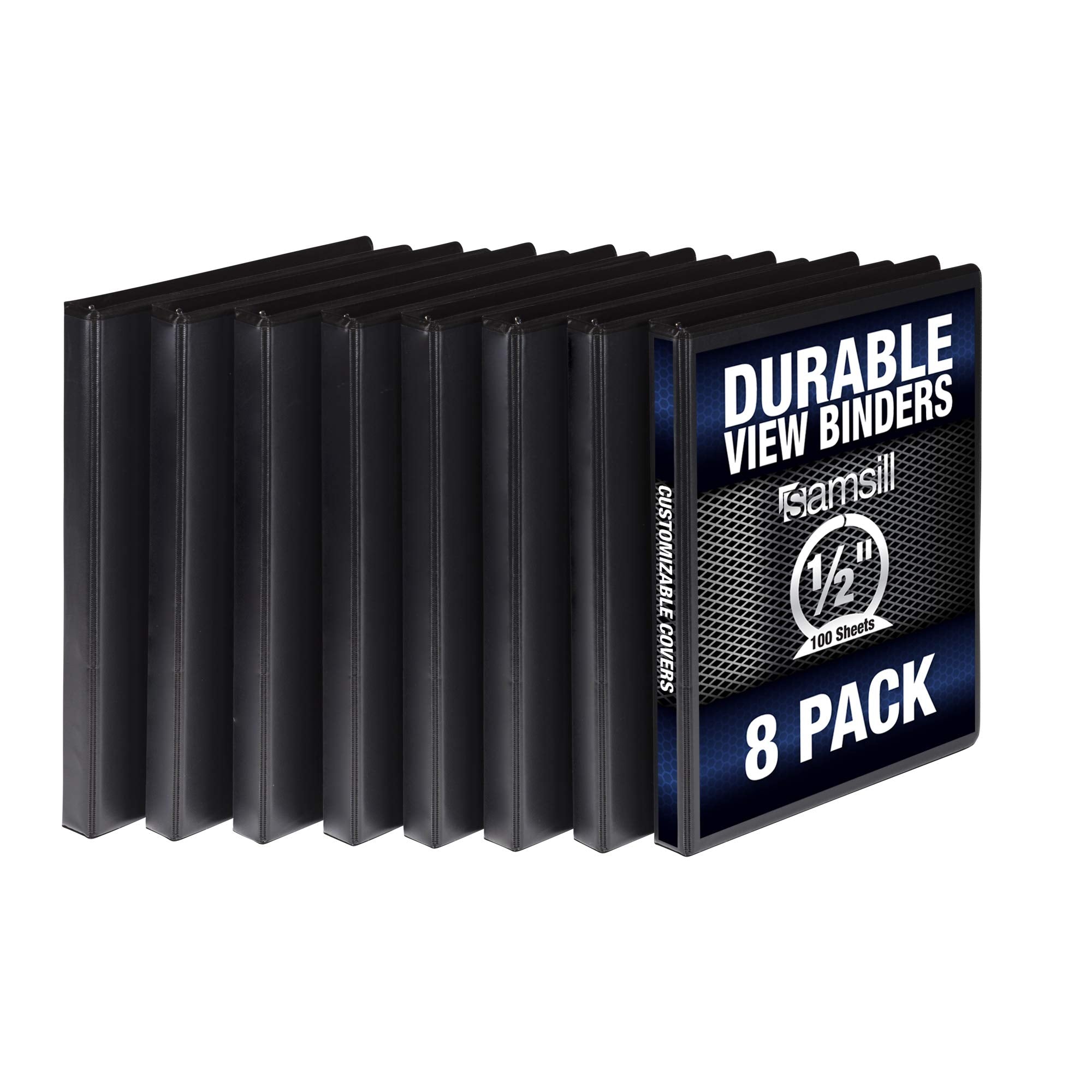 Samsill Durable .5 Inch Binder, Made In The Usa, Round Ring Customizable Clear View Binder, Black, 8 Pack (S88410)