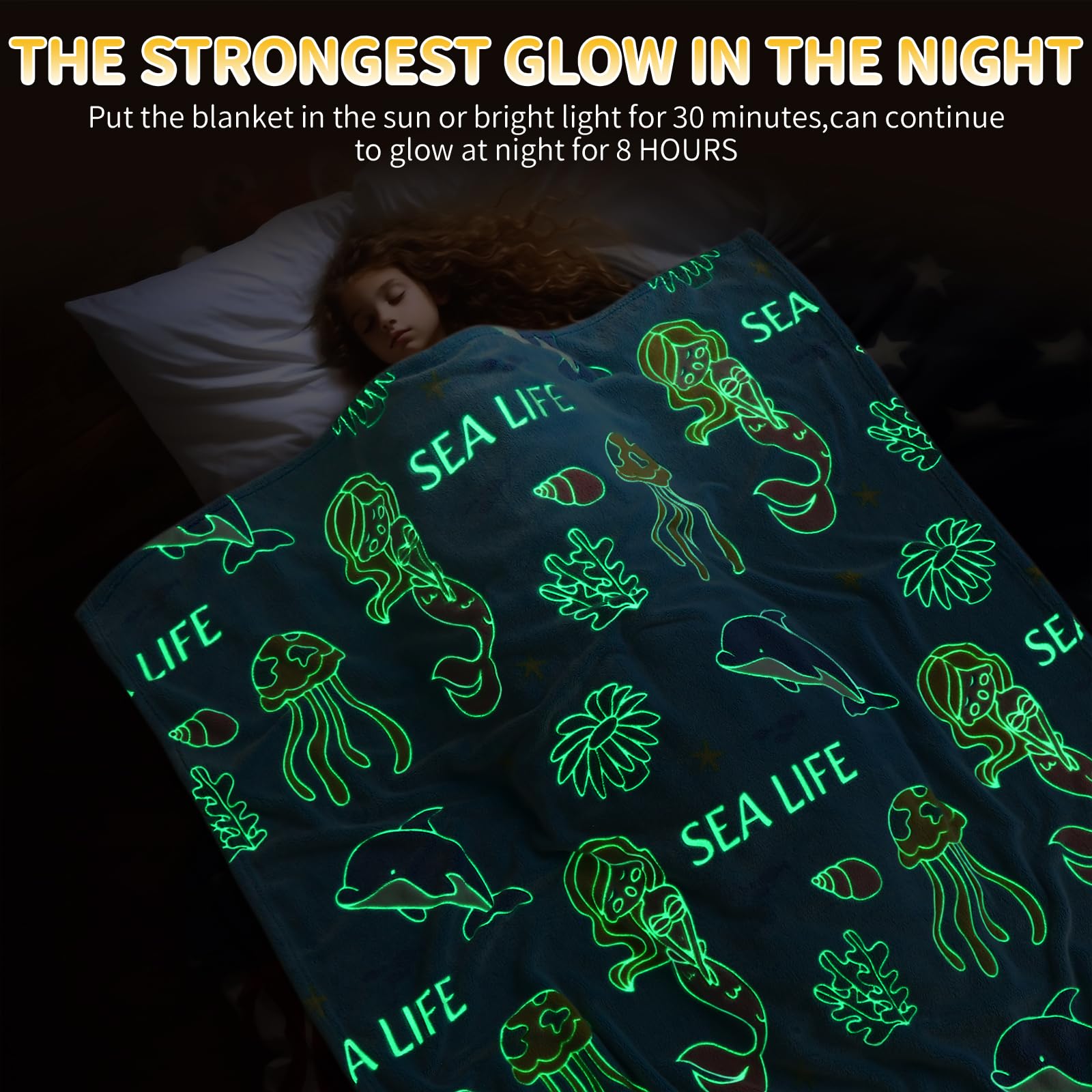 Lifeyj Glow In The Dark Blanket Mermaid Whale Gifts For Girls, Soft Marine Life Blanket 3 4 5 6 7 8 9 10 Year Old Girl Gifts, To