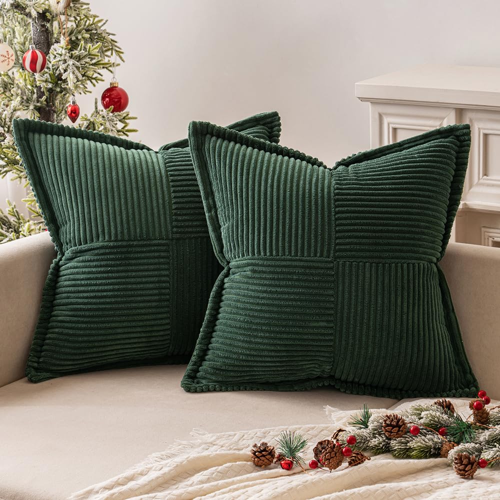 Miulee Dark Green Corduroy Pillow Covers 24X24 Inch With Splicing Set Of 2 Super Soft Boho Striped Christmas Pillow Covers Broad