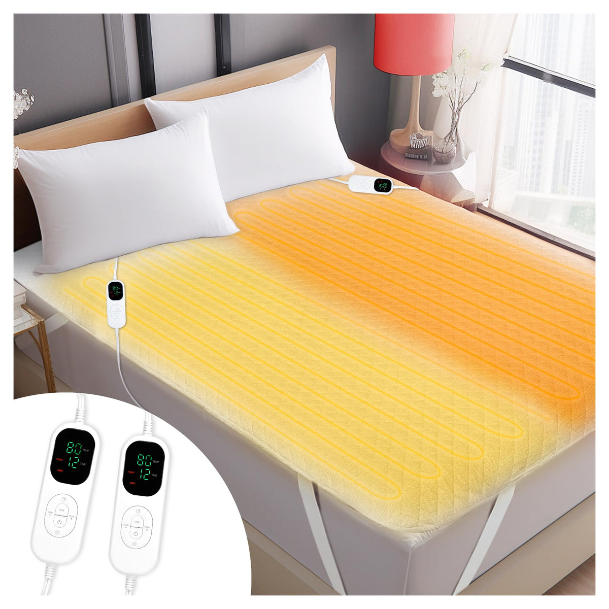 Heated Mattress Pad Queen 80'  60', Fits Mattresses Up To 25.6' Deep, 10 Heat Settings, Dual Controllers, Fast Heating, Memor