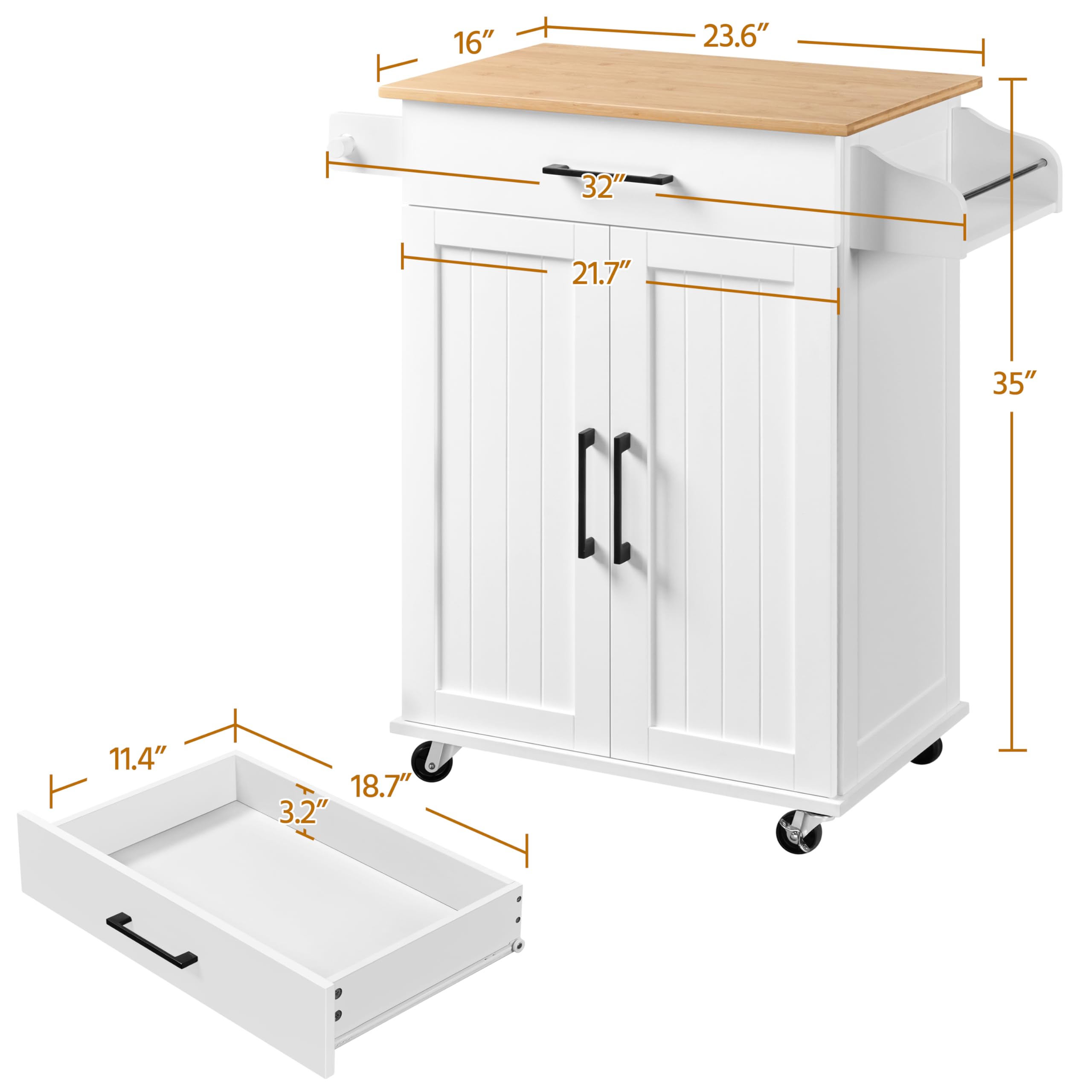 Yaheetech Kitchen Cart With Bamboo Tabletop, 32' Width Rolling Kitchen Island With Drawer And Adjustable Shelf, Storage Cabinet With Spice Rack Towel Bar For Dining Room Kitchen Living Room, White