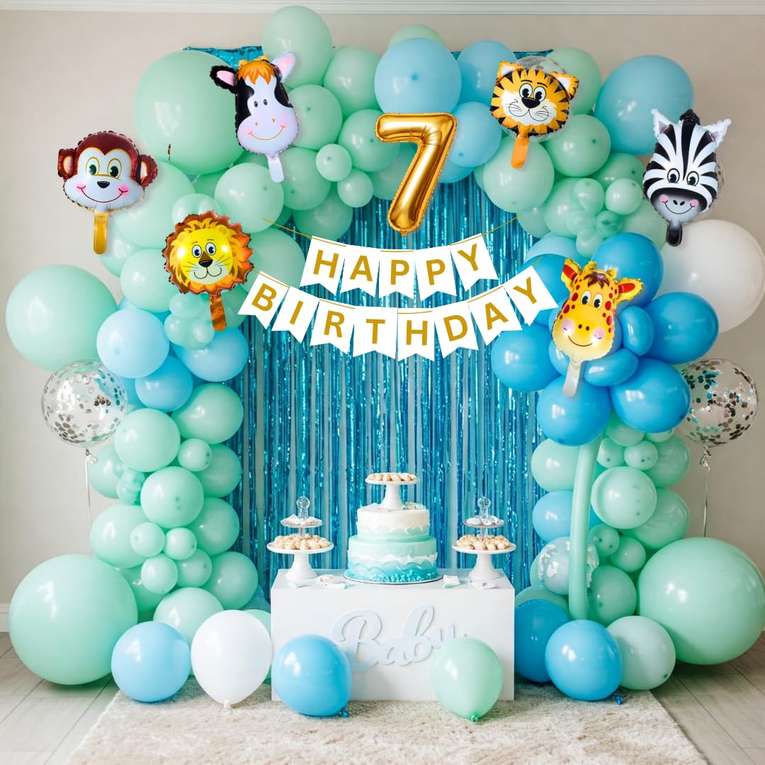 Kidzilo 57 Pcs Jungle Safari Animal Birthday Decoration Kit, Banner, Foil Curtains, Number Balloon, For 1St To 10Th Bday (7Th Bi