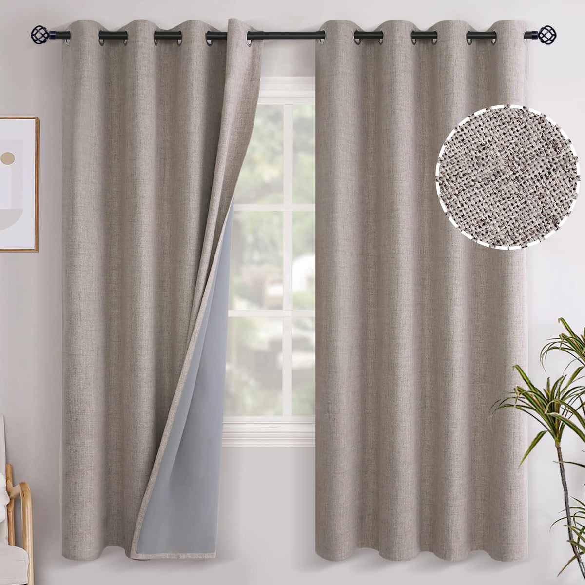 Youngstex Linen Blackout Curtains 72 Inches Length, Full Room Darkening Grommet Burlap Textured Window Drapes For Farmhouse Livi