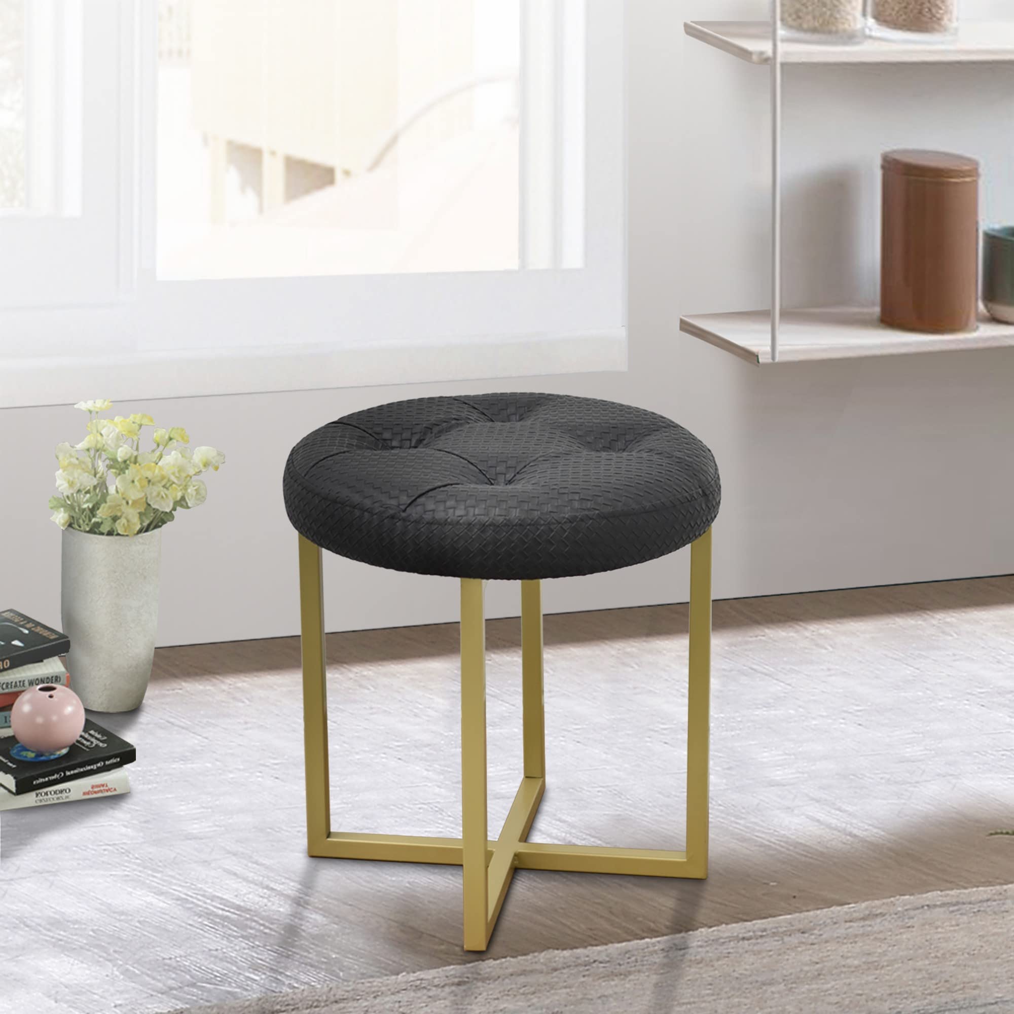 HomeRoots Black + Matte Gold Metal + Faux Leather w/Polyurethane Foam Pad 17' Black Tufted Faux Leather and Gold Stool