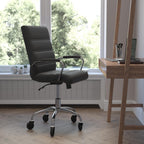 Flash Furniture Camilia Mid-Back Executive Swivel Office Chair With Chrome Frame, Arms, And Transparent Roller Wheels, 24&Quot;, Black Leathersoft