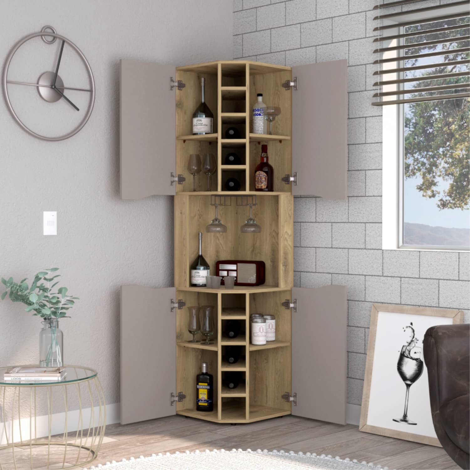 Mecca Corner Bar Cabinet With 4 Doors, 8 Shelves, 10 Cubbies, And Glass Rack, Macadamia/Taupe