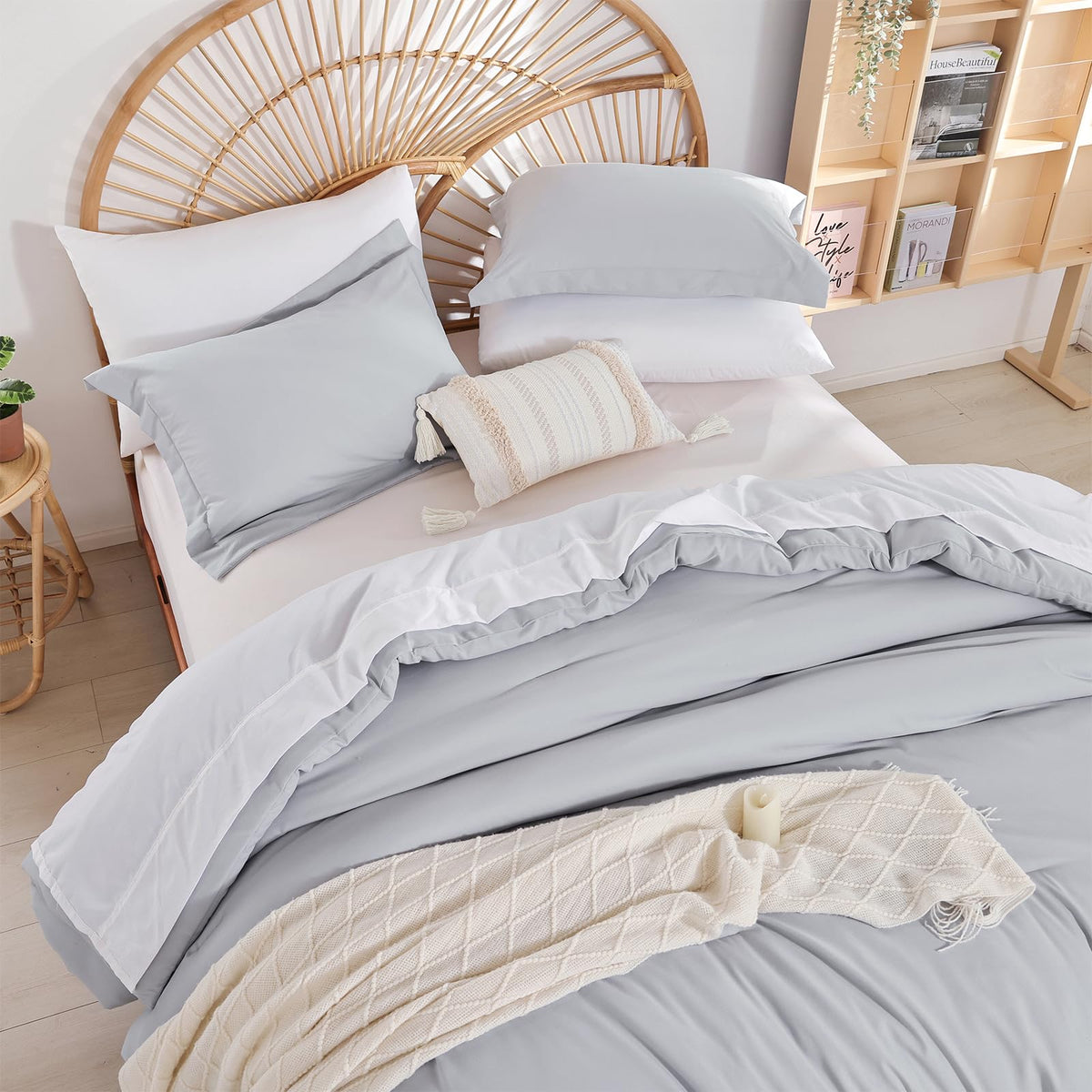 Weigelia Queen Comforter Set - Boho Bed Comforter Set 7Pc Light Grey Comforter Queen Size Soft All Season - Microfiber Comforter