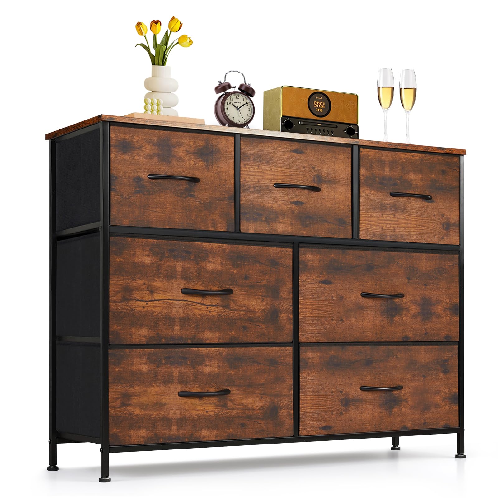 7-Drawer Dresser for Bedroom, Anti-Tip Wide Storage Organizer Fabric Chest of Drawers TV Stand for 45 TV with Wooden Top and Met