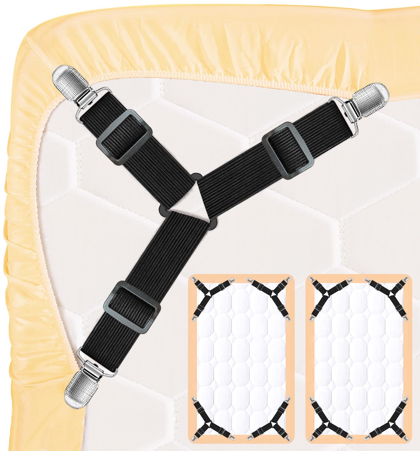 Kelofty 8Pcs Fitted Sheet Clips - 2 Sets Bed Sheet Holder Straps With 3 Non-Slip Clips, Upgrade 3-Bands Mattress Clips For Sheet