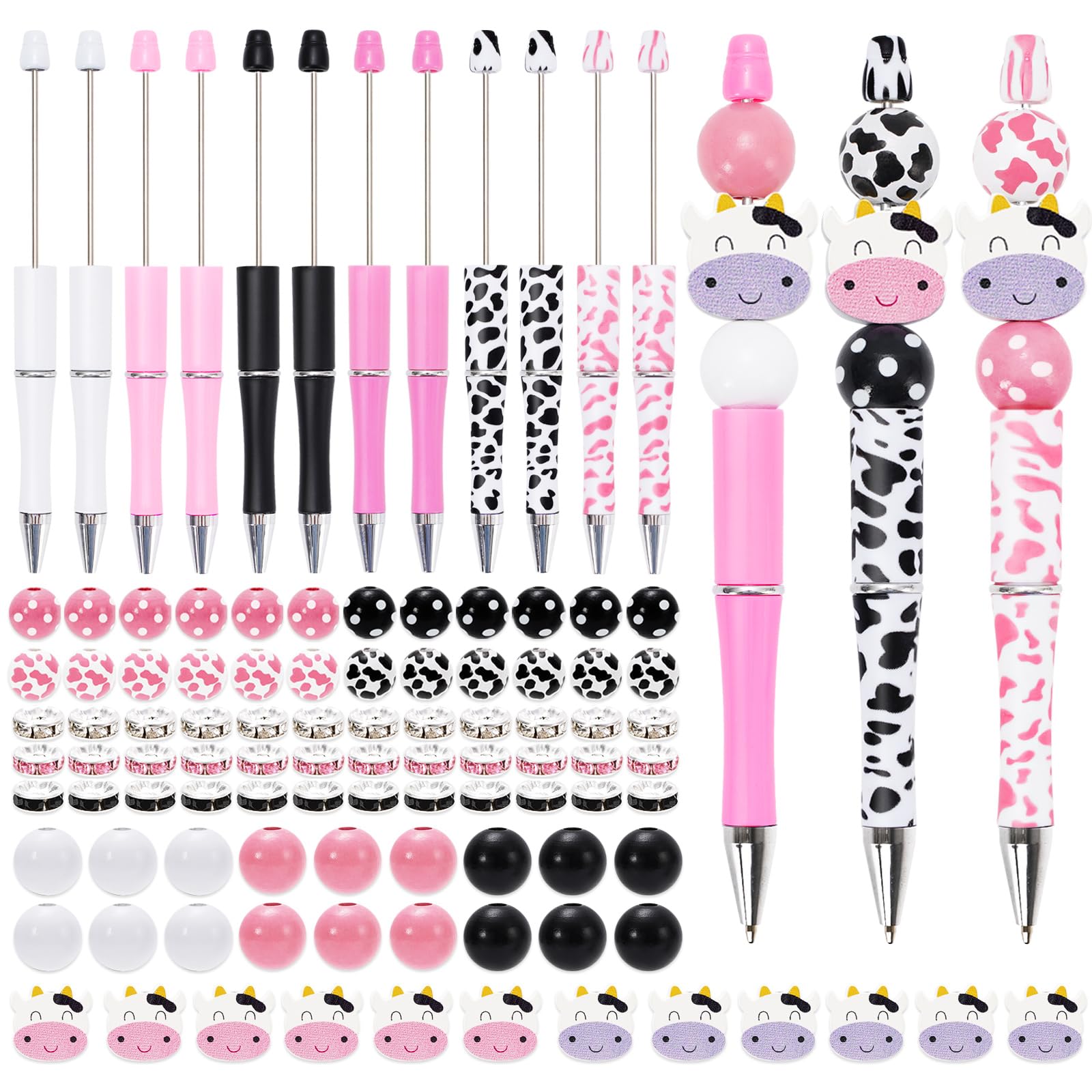 Whaline 12 Sets Cow Print Beadable Pens Assorted Diy Pens With 12 Pcs Milk Cow Shaped Beads 30 Pcs Spacer Beads 42 Pcs Round Woo