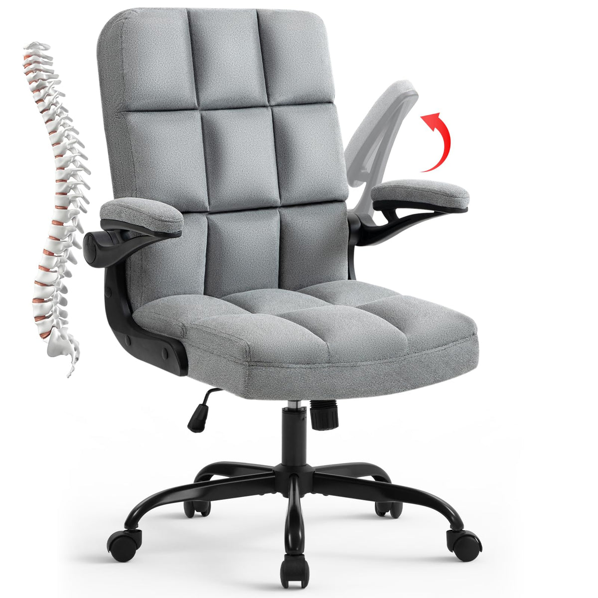 Seatzone Home Office Chairs Fabric Upholstered Desk Chair With Armrests, Modern Executive Swivel Task Chair For Home Office,Grey