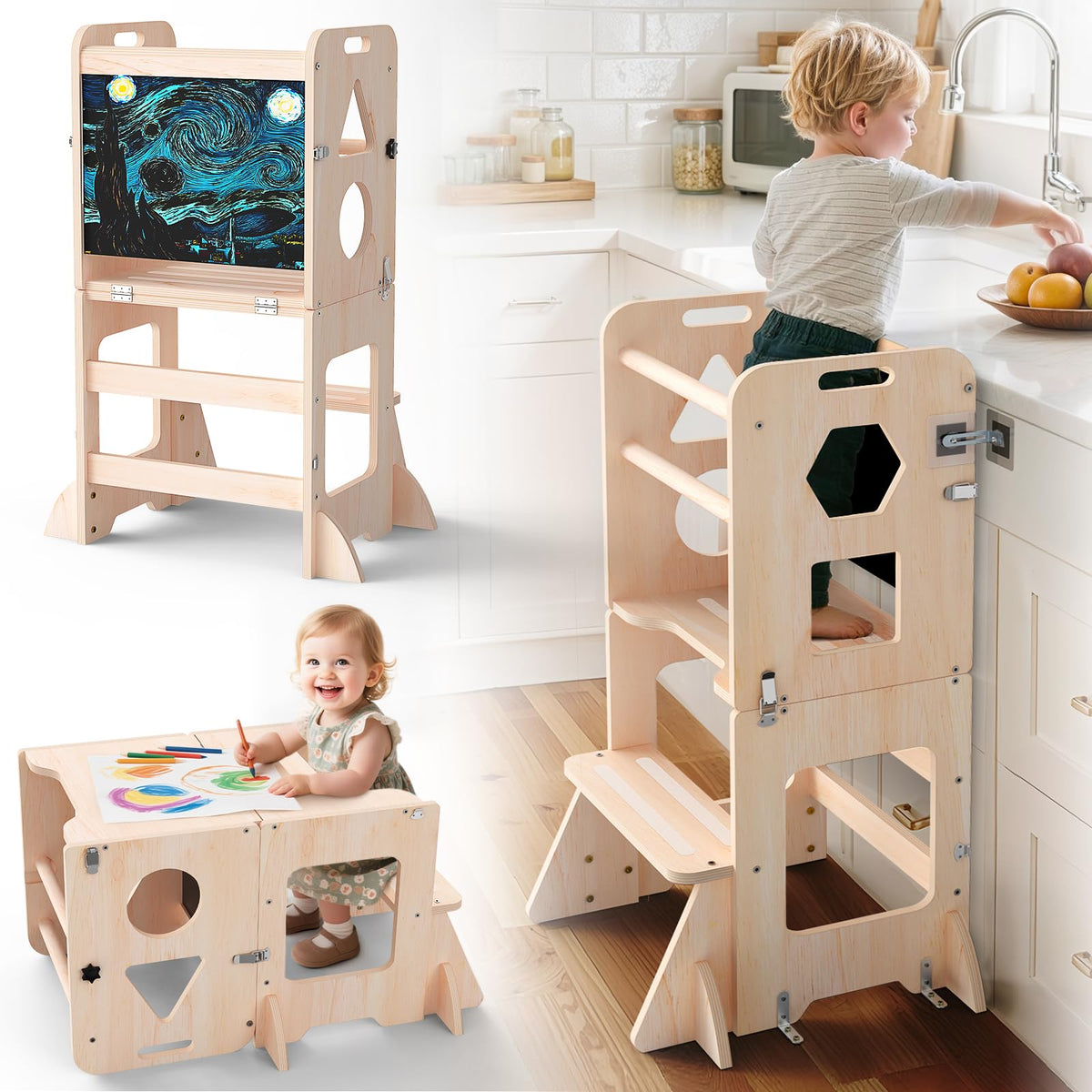 OMEW Toddler Standing Tower AntiTip Wooden Kitchen Step Stool