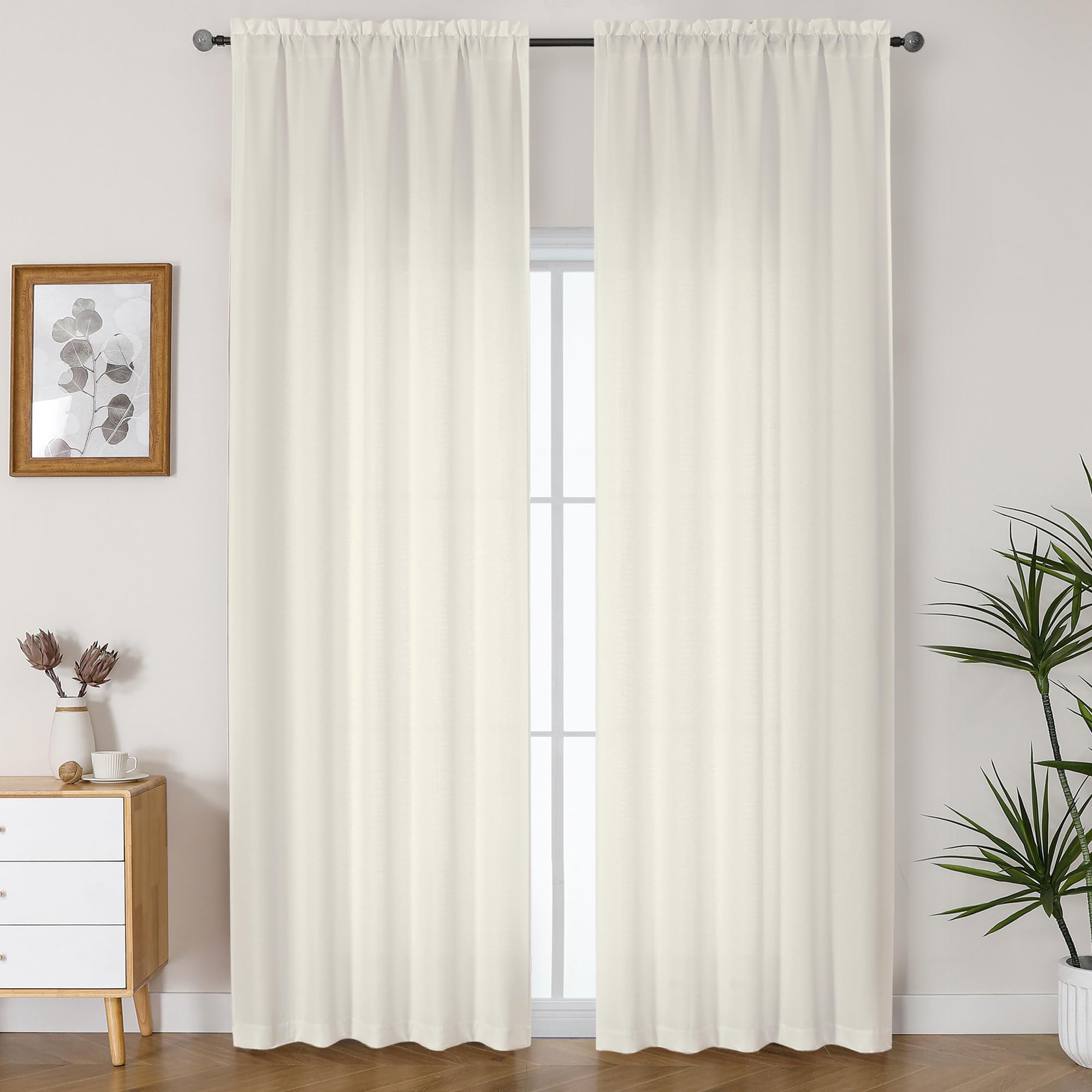 Lecloud Bessie Ivory Curtains 90 Inches Long 2 Panels, Rustic Light Filtering Faux Linen Curtains, Breathable Dual Rod Pocket Dr