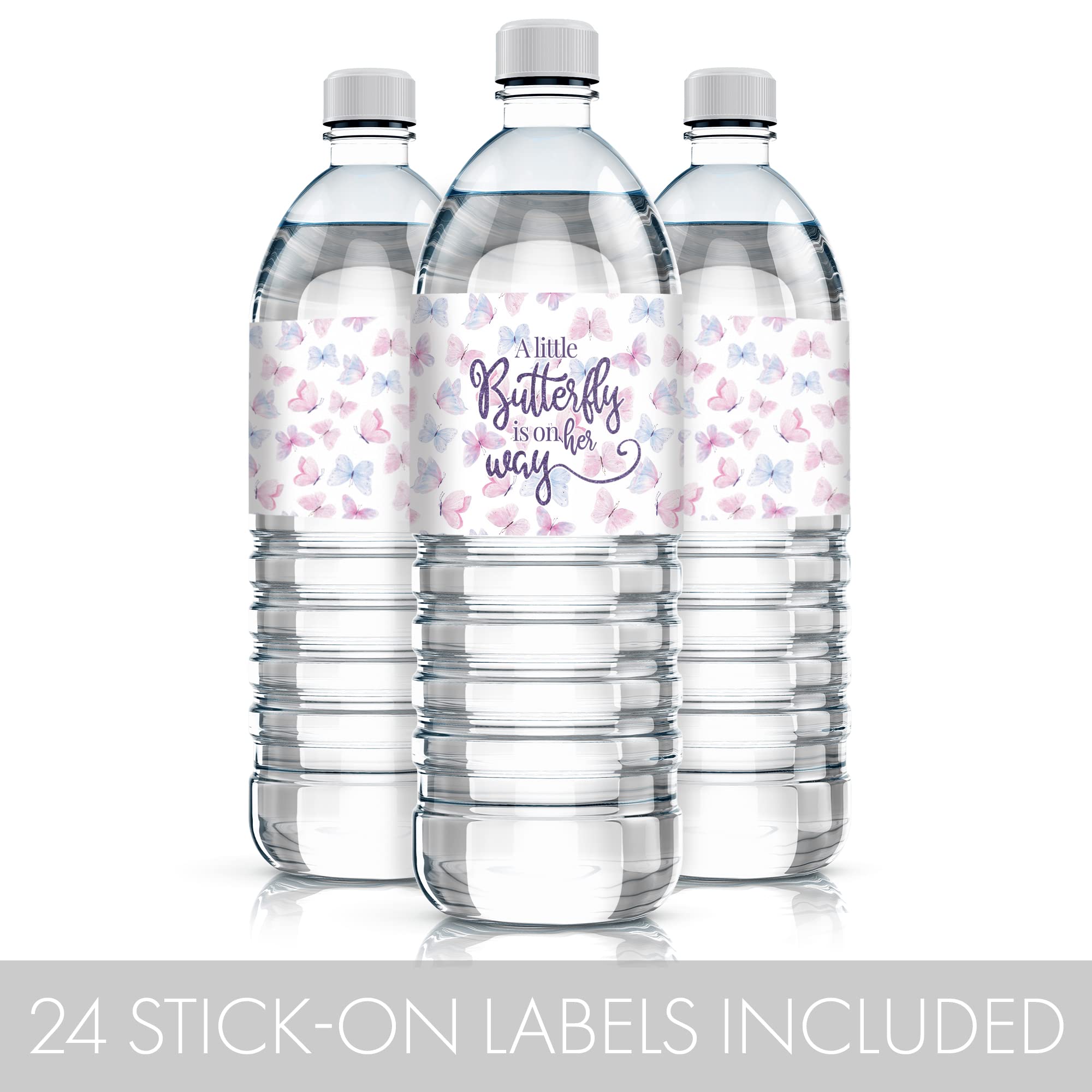 Butterfly Girl Baby Shower Water Bottle Labels - A Little Butterfly Is On Her Way - It'S A Girl Pink And Purple Waterproof Wrapp