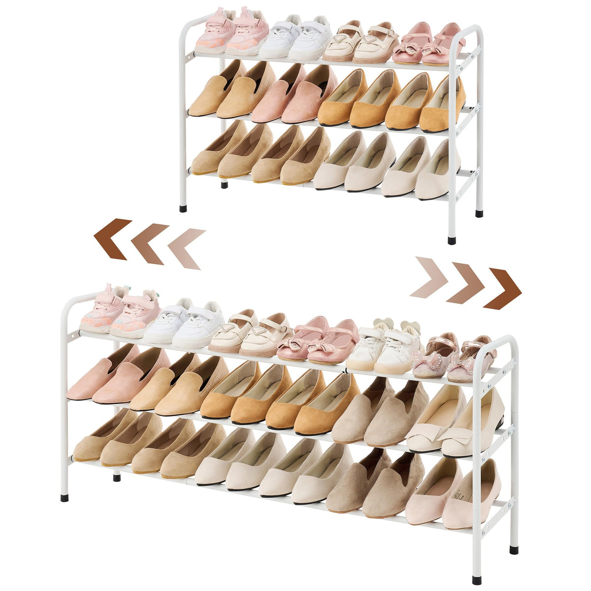 Gewudraw 3-Tier Shoe Rack Expandable, Width Adjustable Shoe Shelf Storage Organizer, 41.53'' Metal Standing Shoe Rack For Bedroom Entryway Closet, Holds Up To 18 Pairs Shoes, White