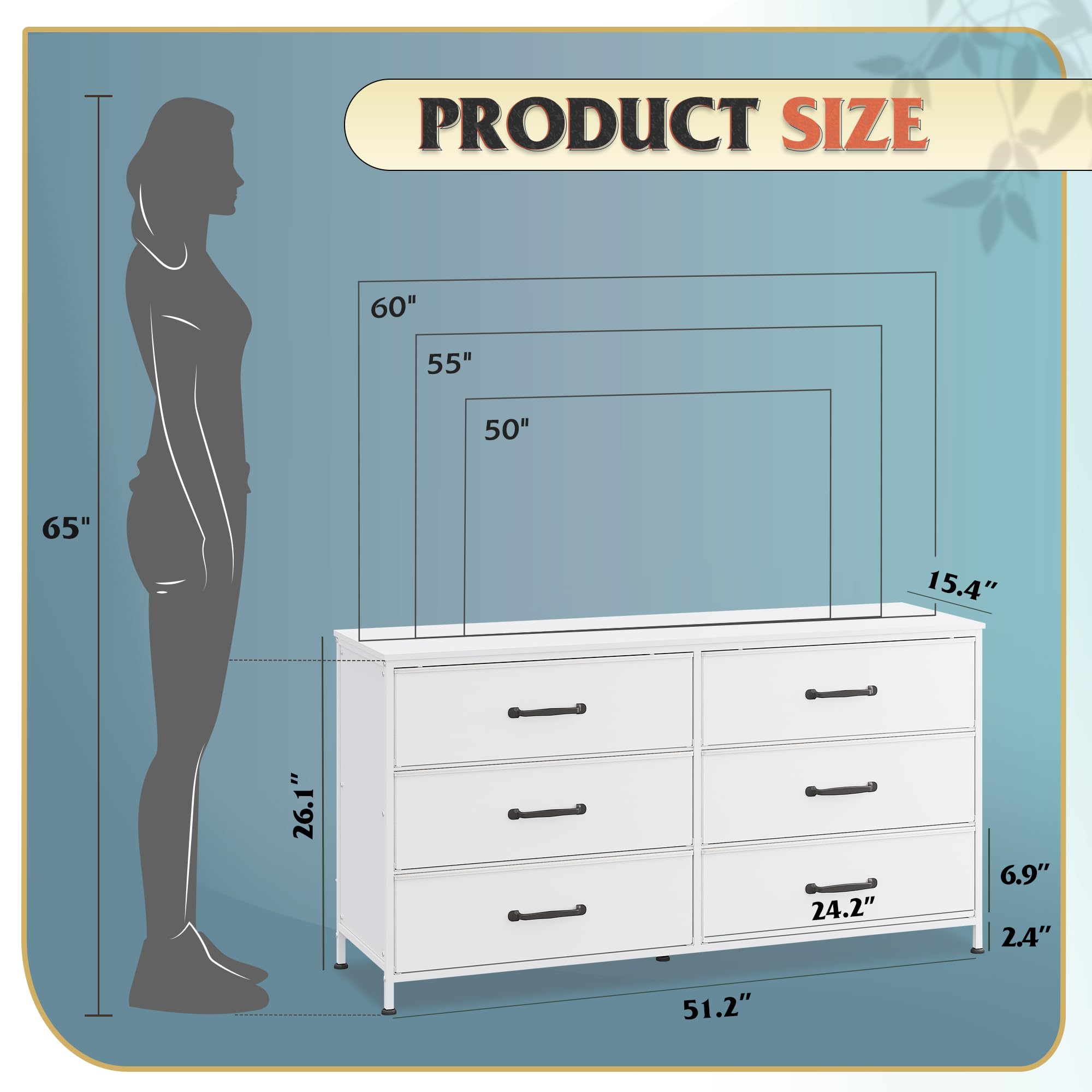 Wlive Wide Fabric Dresser, 6 Drawer Dresser Tv Stand For 60' Tv, Dressers Bedroom Furniture Large Storage Tower Unit With Fabric Bins, White Dresser For Bedroom, Closet, Hallway, White