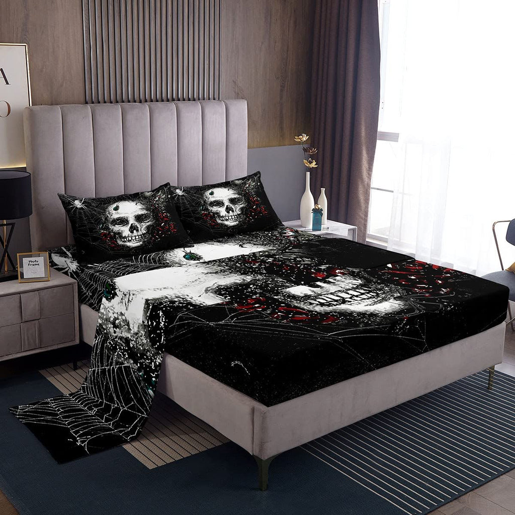 Sugar Skull Sheet Set Gothic Skull Bedding Set for Kids Boys Girls Teens Halloween Themed Bed Sheets Breathable Skeleton Design 