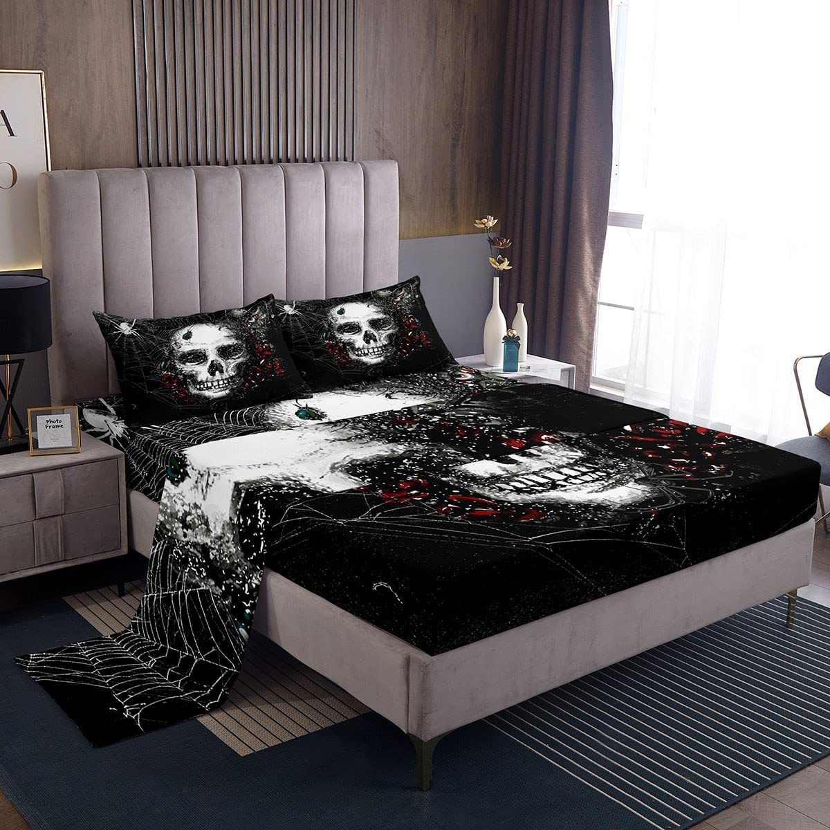 Sugar Skull Sheet Set Gothic Skull Bedding Set for Kids Boys Girls Teens Halloween Themed Bed Sheets Breathable Skeleton Design 